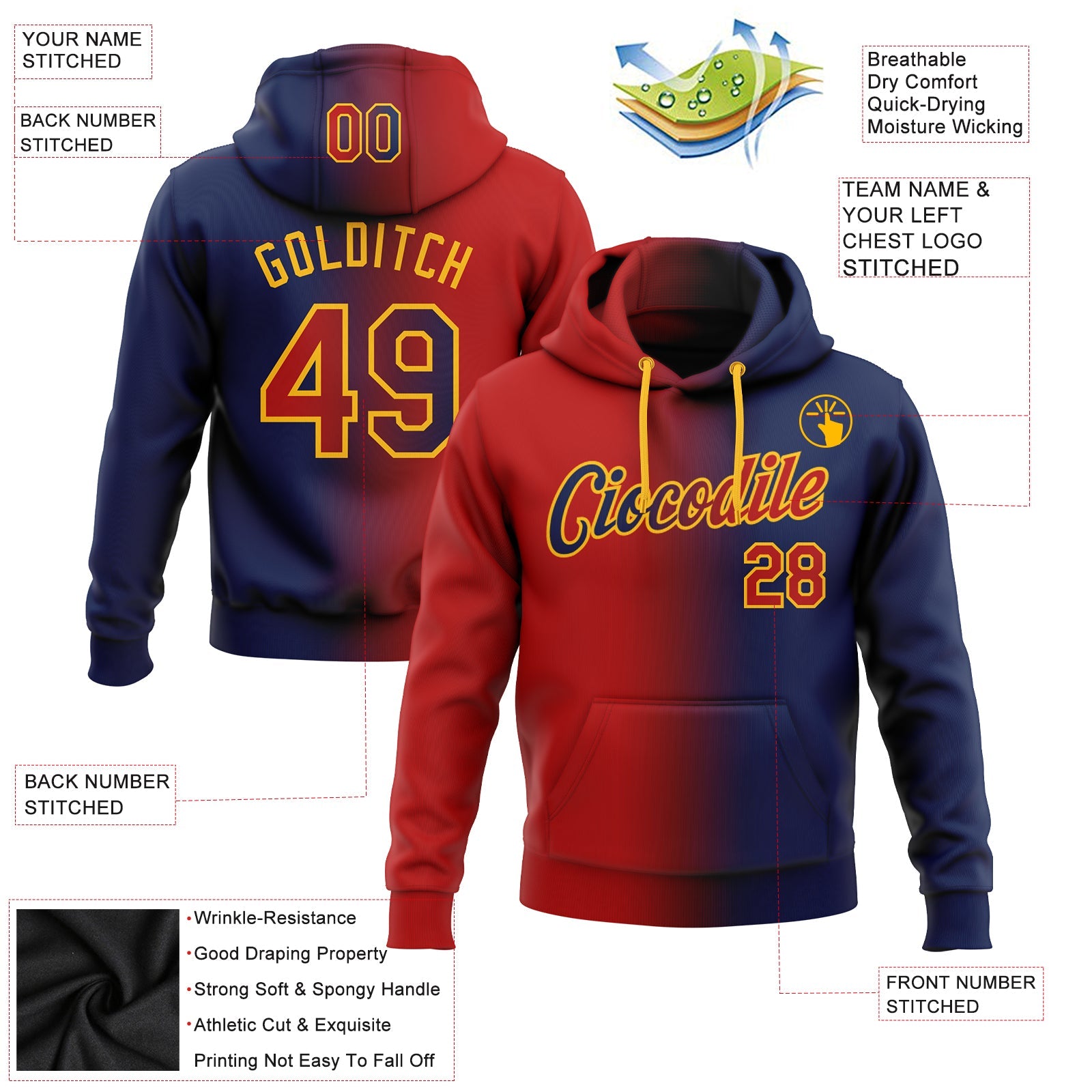 Custom Gradient Fashion Navy Red-Gold Sports Pullover Sweatshirt Hoodie