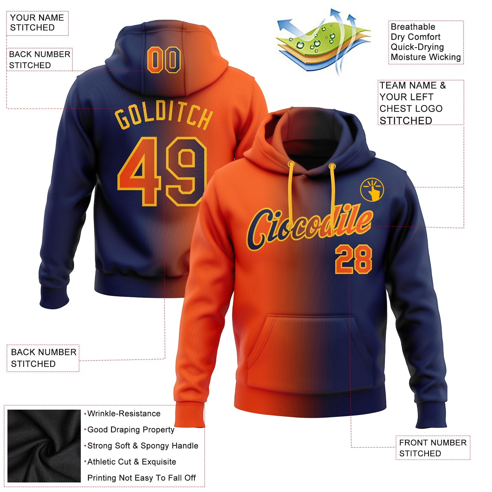 Custom Gradient Fashion Navy Orange-Gold Sports Pullover Sweatshirt Hoodie