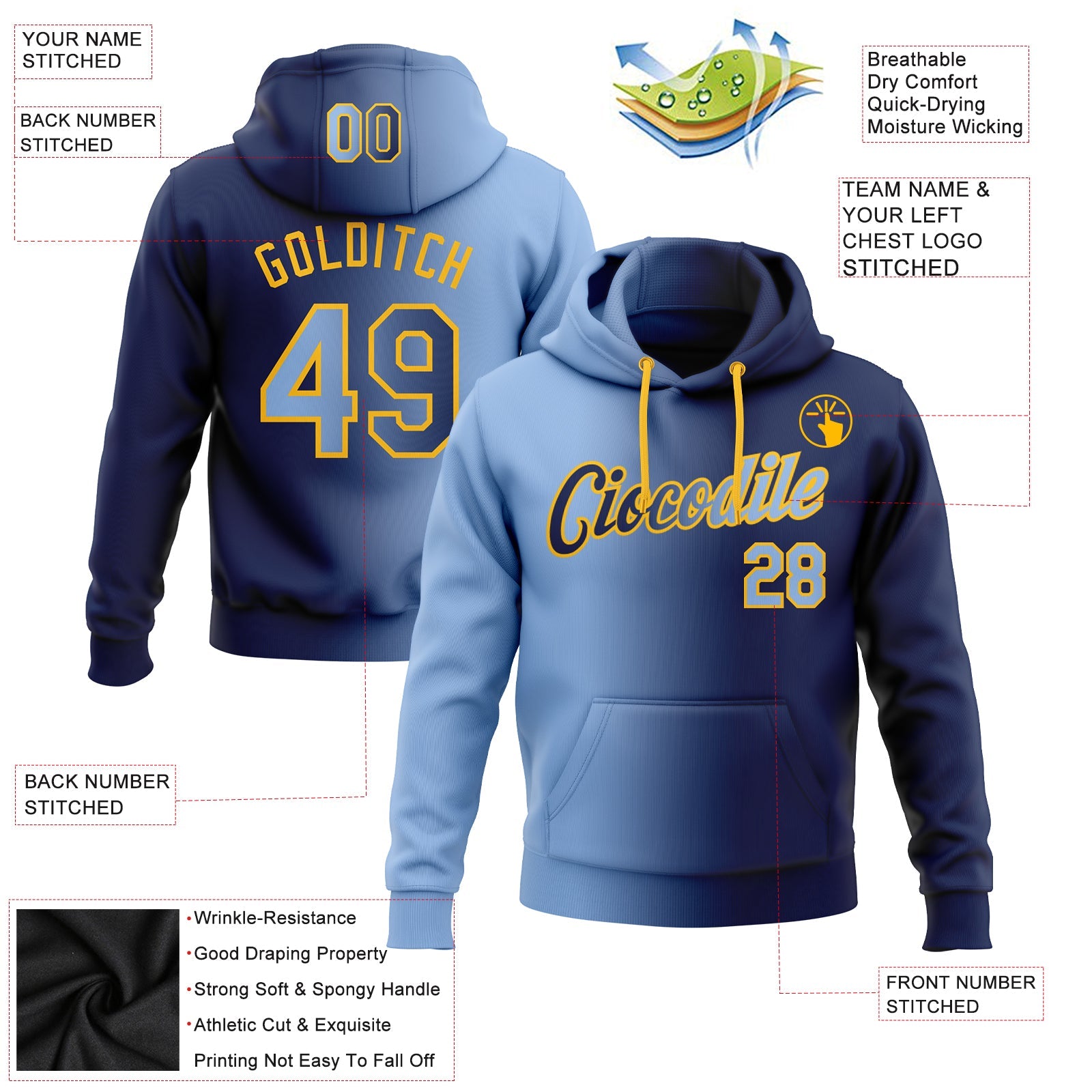 Custom Gradient Fashion Navy Light Blue-Gold Sports Pullover Sweatshirt Hoodie