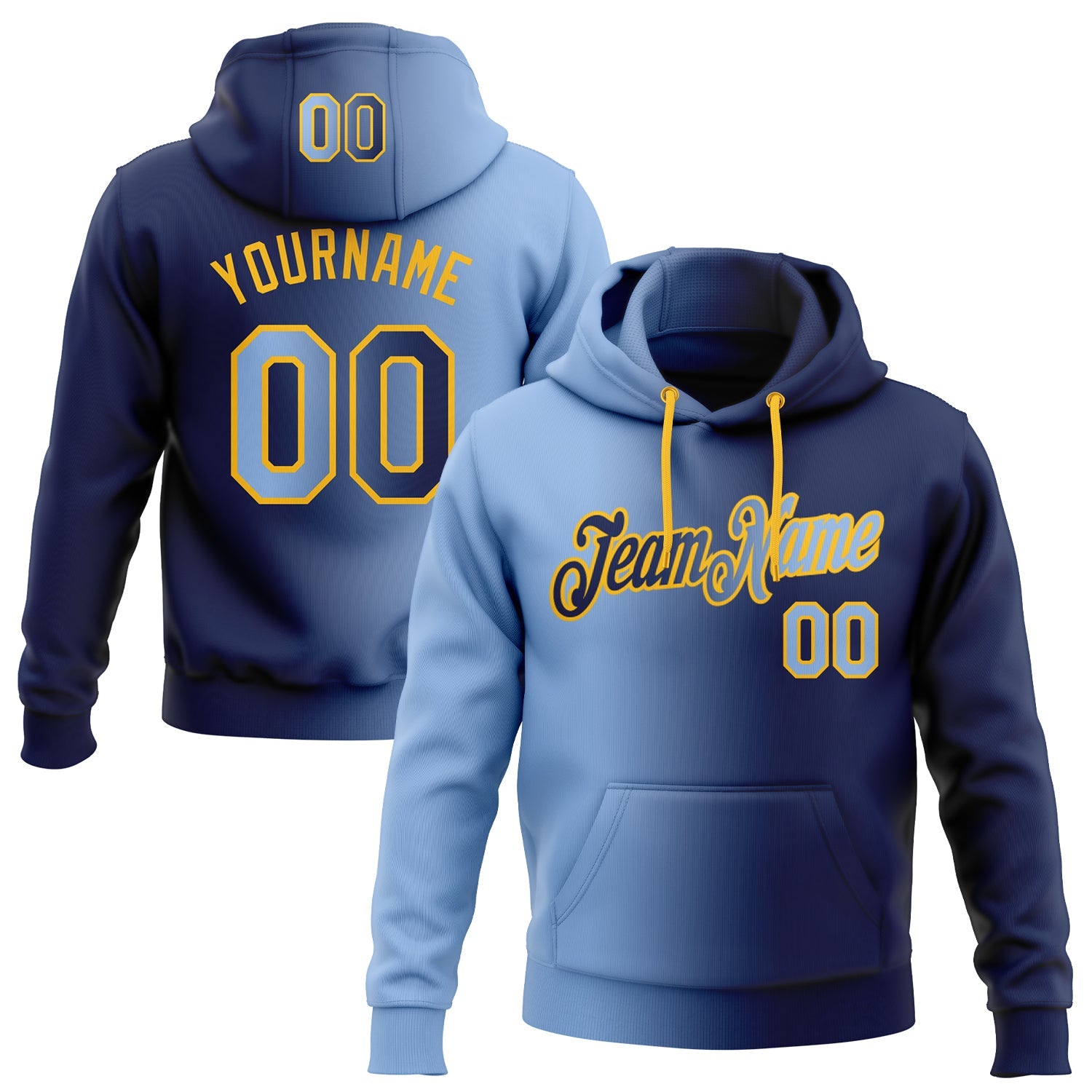 Custom Gradient Fashion Navy Light Blue-Gold Sports Pullover Sweatshirt Hoodie