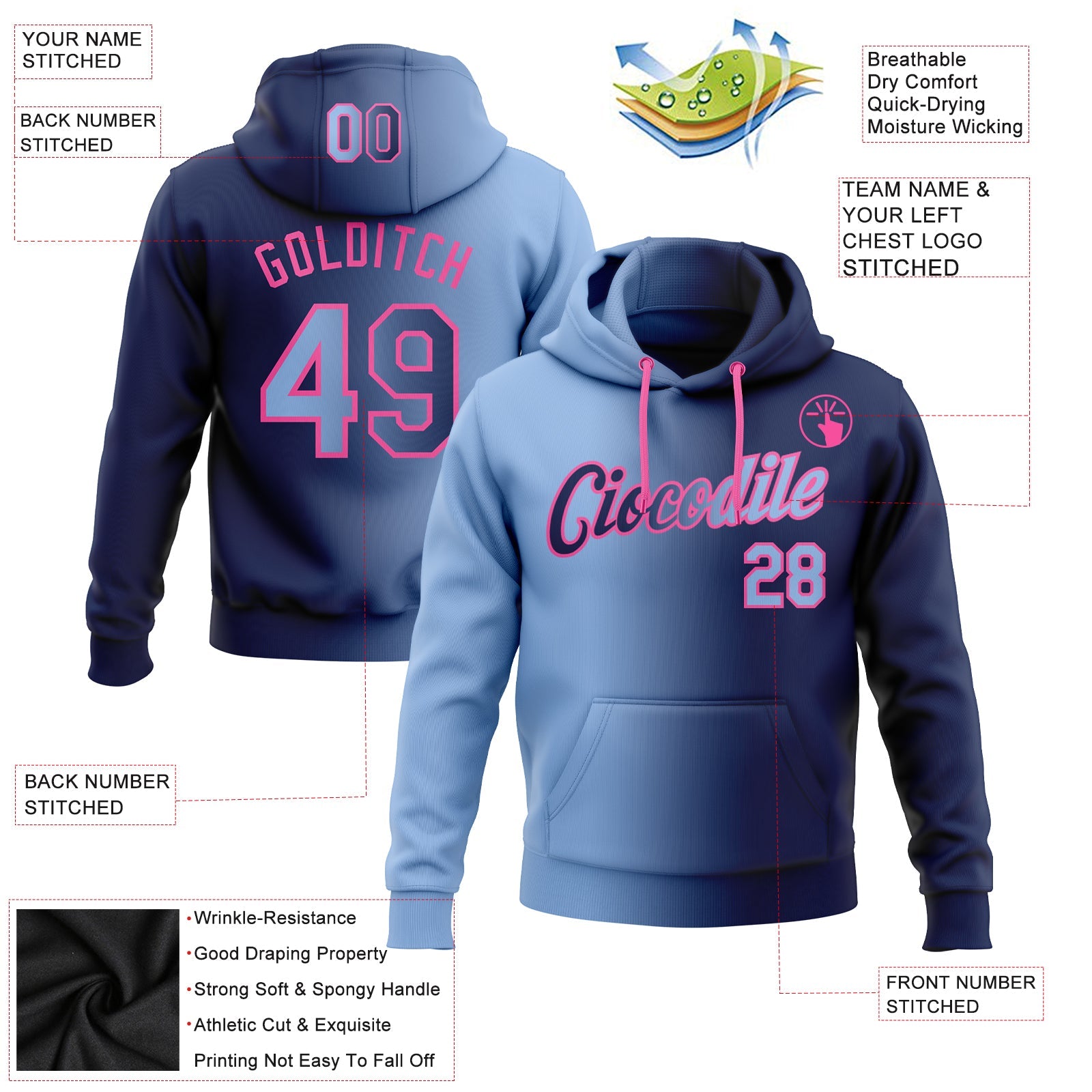 Custom Gradient Fashion Navy Light Blue-Pink Sports Pullover Sweatshirt Hoodie