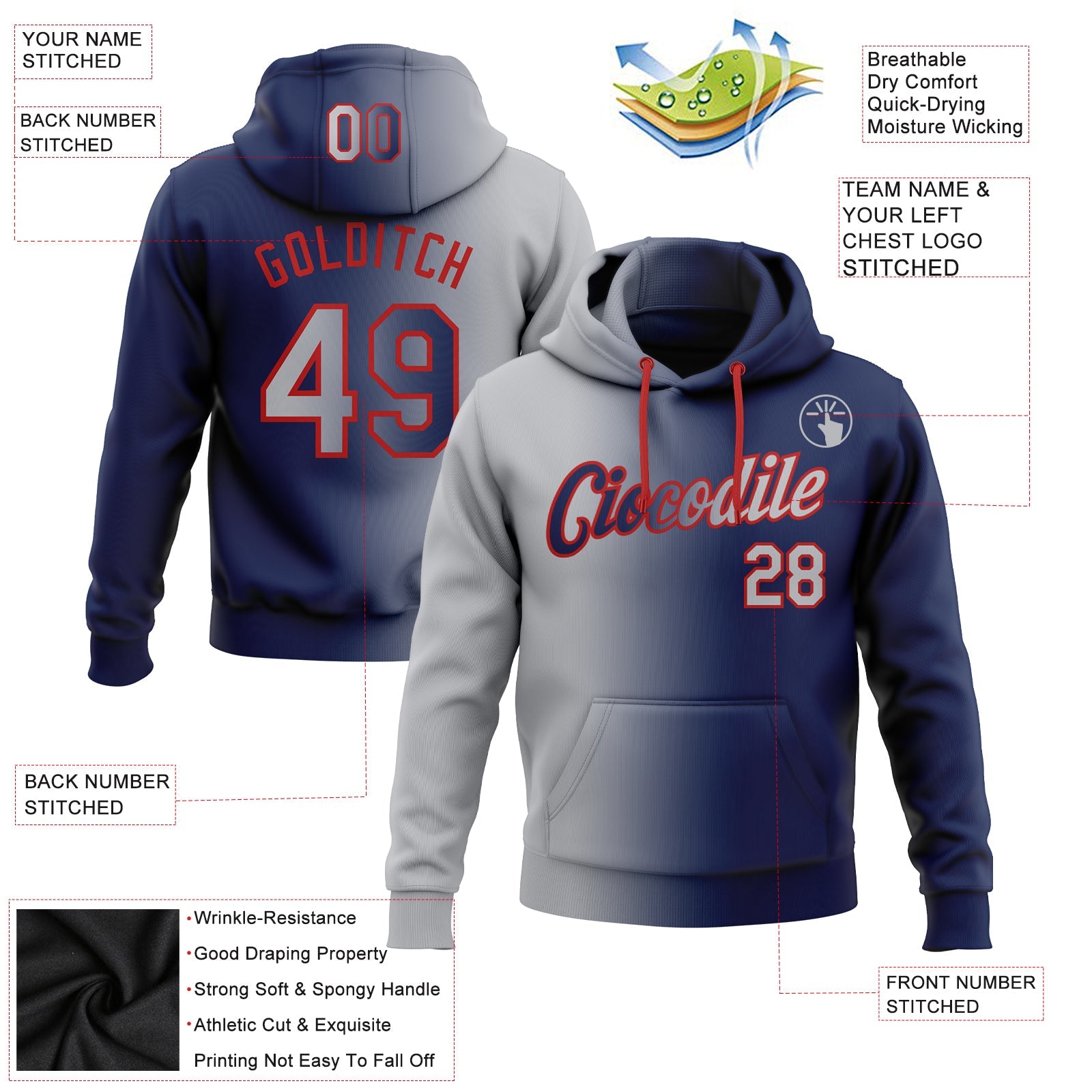 Custom Gradient Fashion Navy Gray-Red Sports Pullover Sweatshirt Hoodie