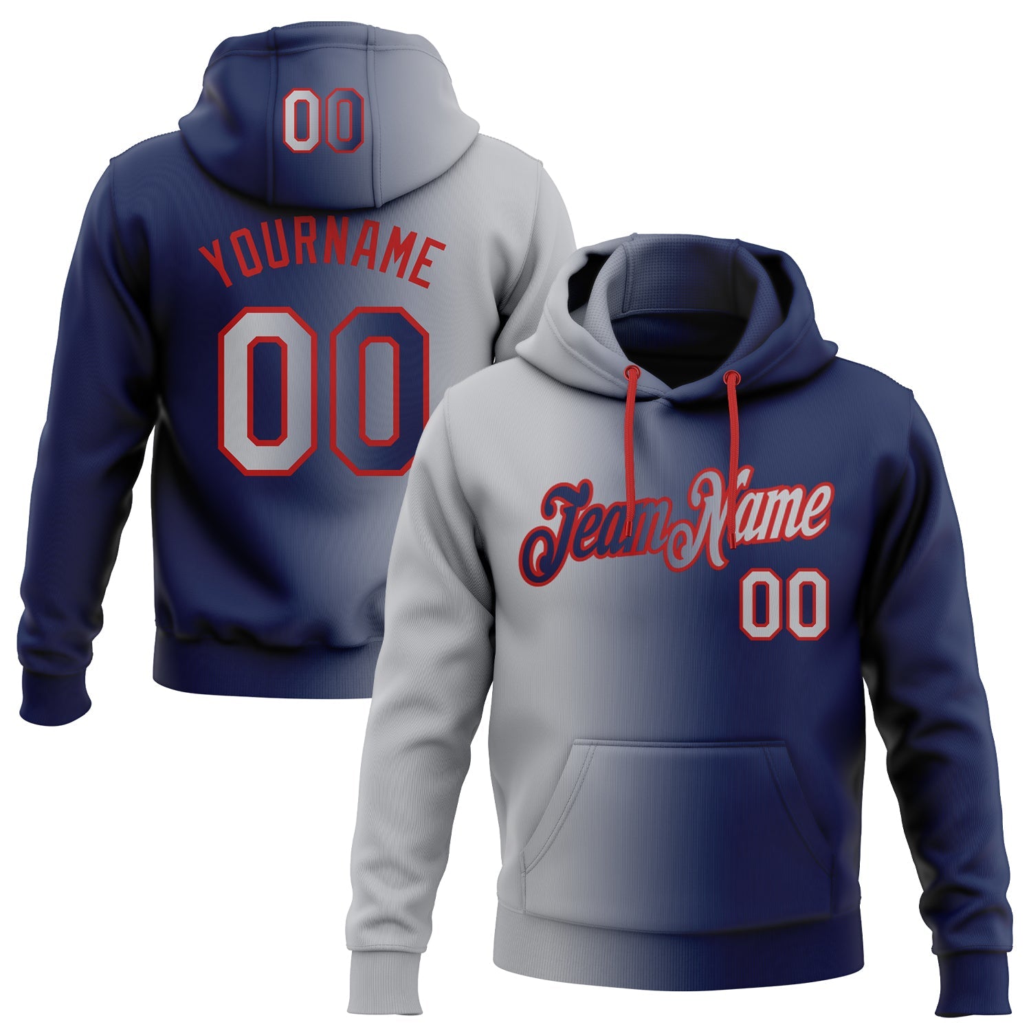 Custom Gradient Fashion Navy Gray-Red Sports Pullover Sweatshirt Hoodie