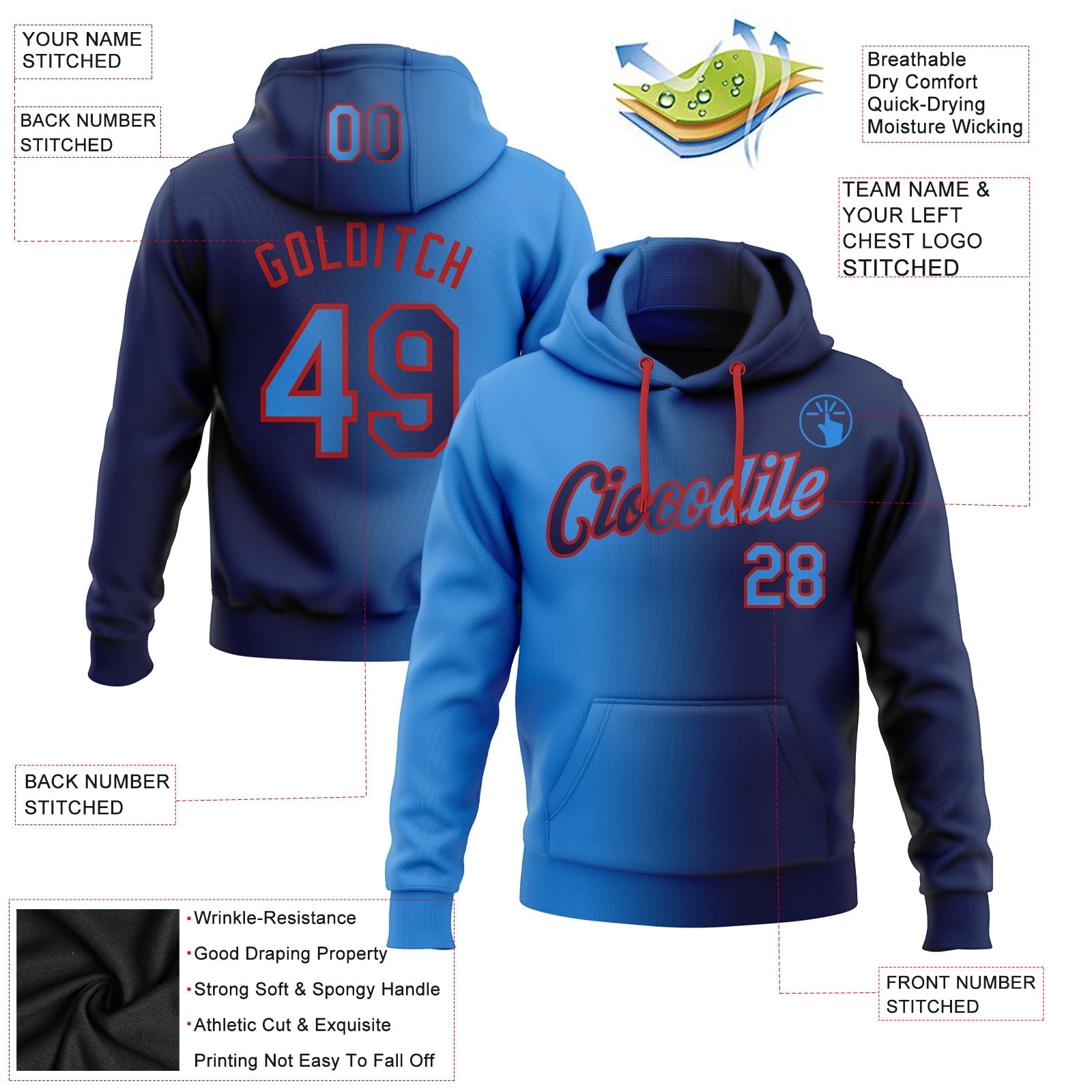 Custom Gradient Fashion Navy Electric Blue-Red Sports Pullover Sweatshirt Hoodie