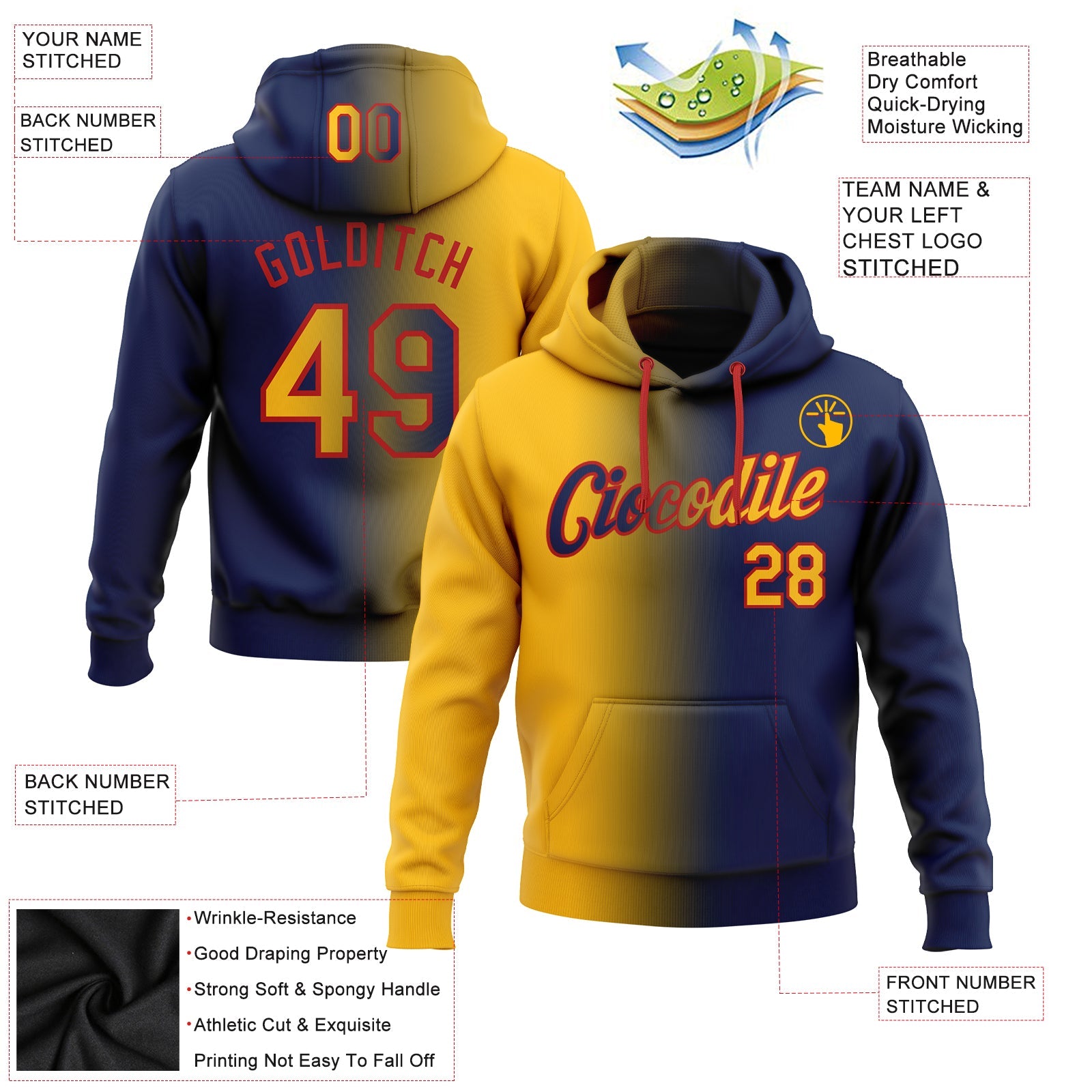 Custom Gradient Fashion Navy Gold-Red Sports Pullover Sweatshirt Hoodie