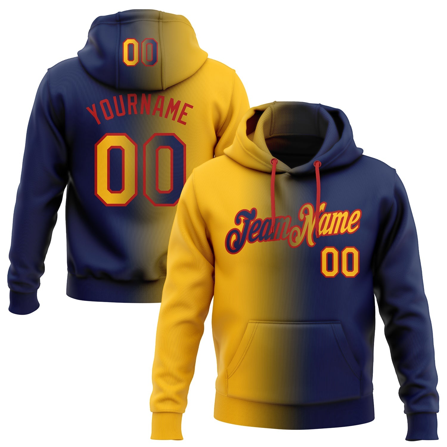 Custom Gradient Fashion Navy Gold-Red Sports Pullover Sweatshirt Hoodie