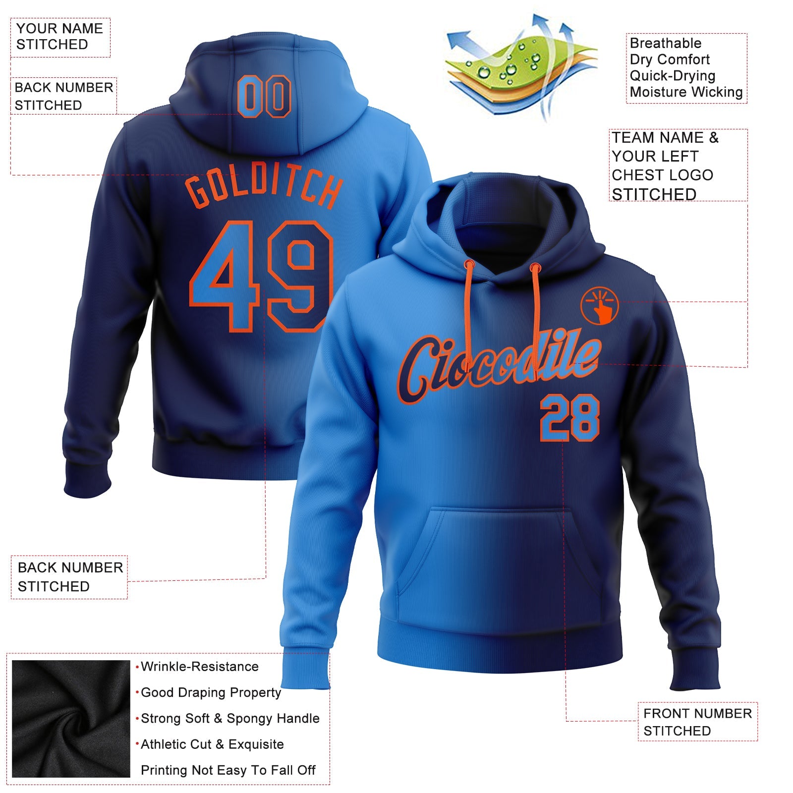 Custom Gradient Fashion Navy Electric Blue-Orange Sports Pullover Sweatshirt Hoodie