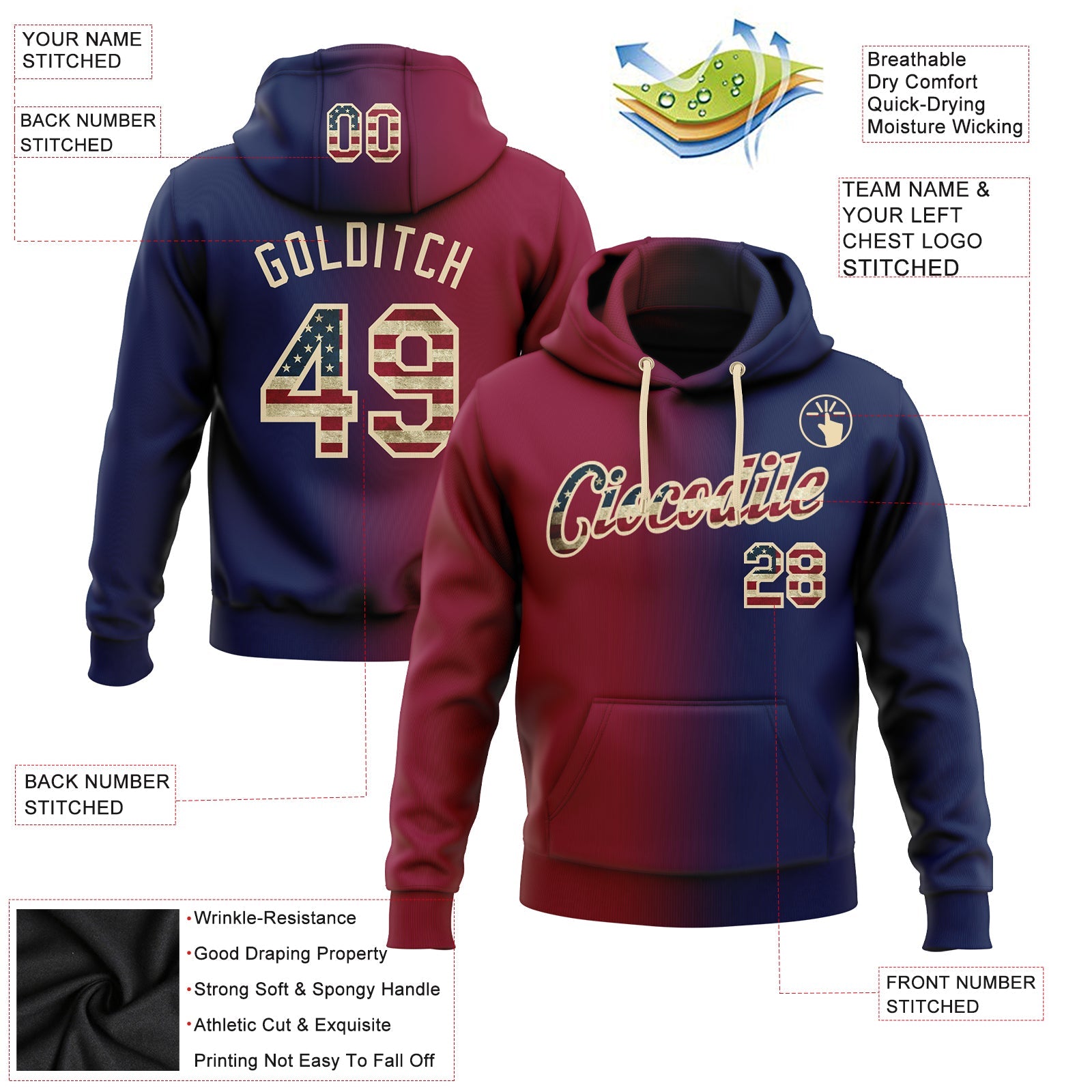 Custom Gradient Fashion Navy Vintage USA Flag Maroon-City Cream Sports Pullover Sweatshirt Hoodie