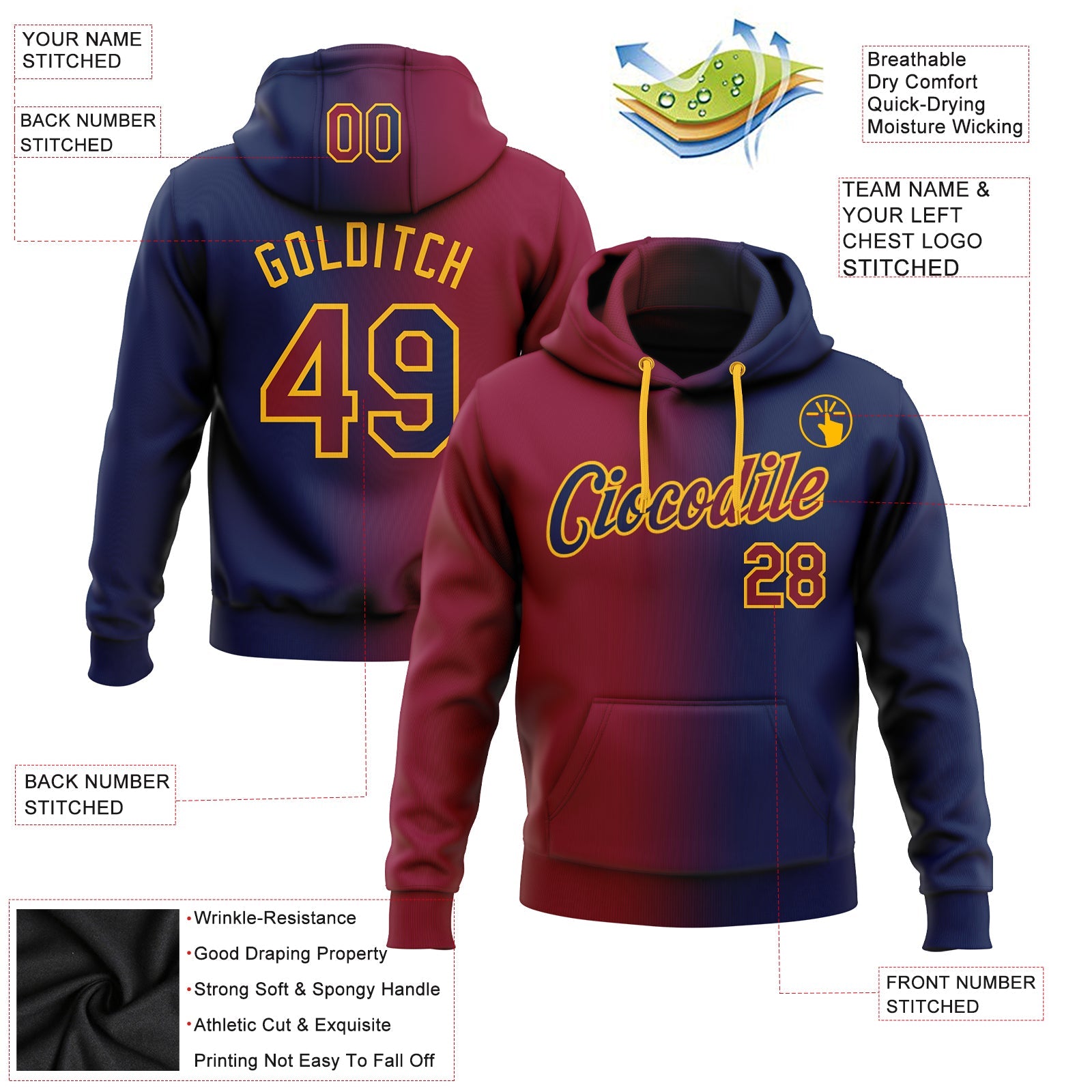 Custom Gradient Fashion Navy Maroon-Gold Sports Pullover Sweatshirt Hoodie