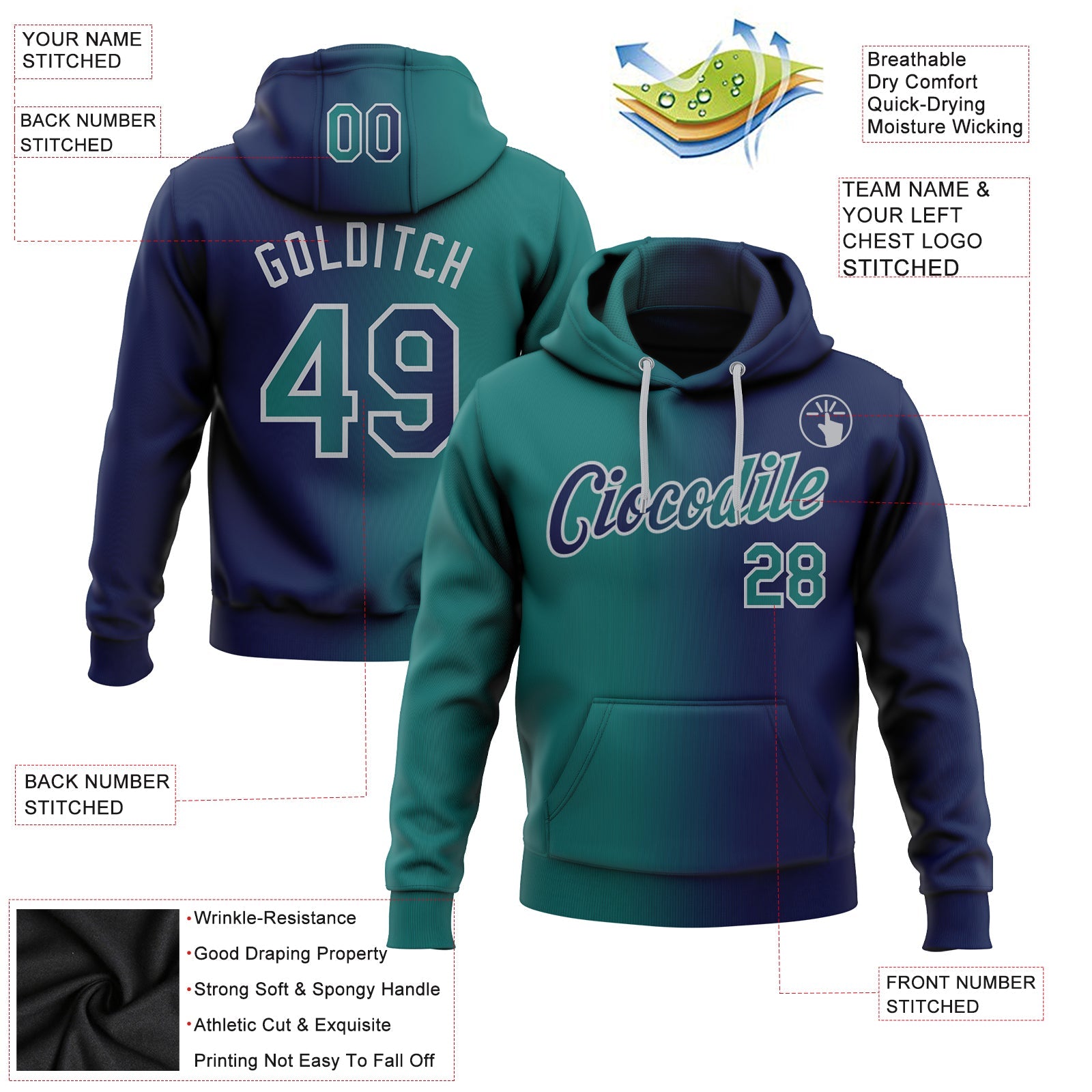 Custom Gradient Fashion Navy Teal-Gray Sports Pullover Sweatshirt Hoodie