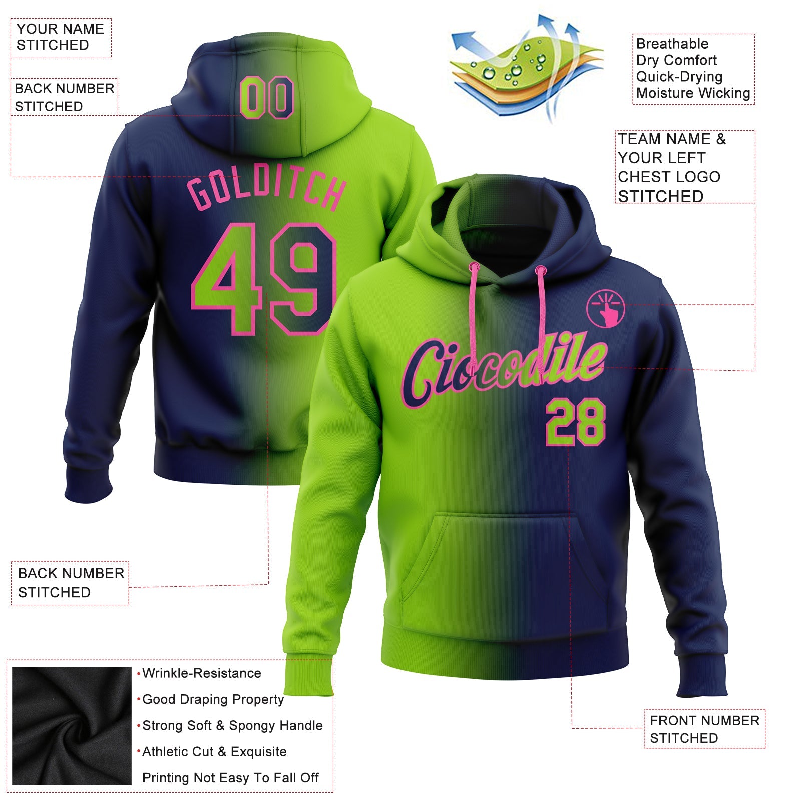 Custom Gradient Fashion Navy Neon Green-Pink Sports Pullover Sweatshirt Hoodie