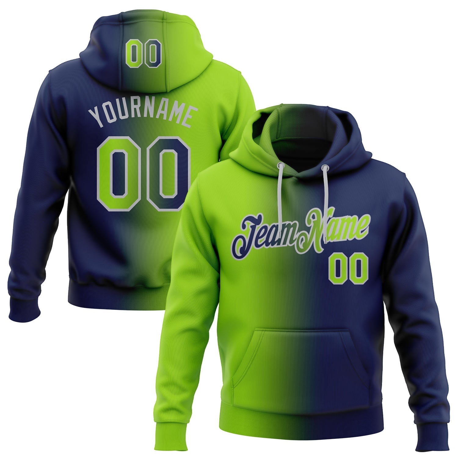 Custom Gradient Fashion Navy Neon Green-Gray Sports Pullover Sweatshirt Hoodie