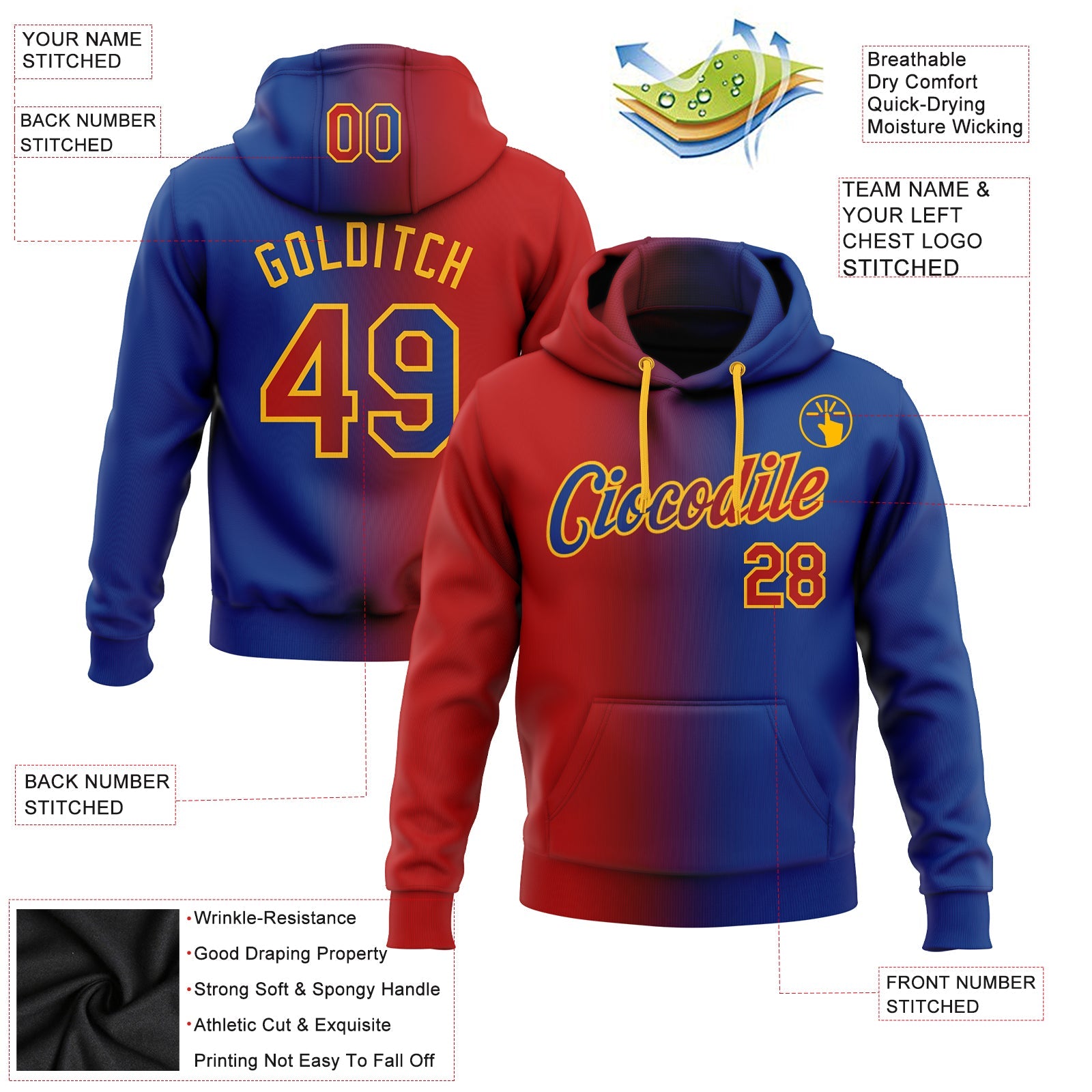 Custom Gradient Fashion Royal Red-Gold Sports Pullover Sweatshirt Hoodie