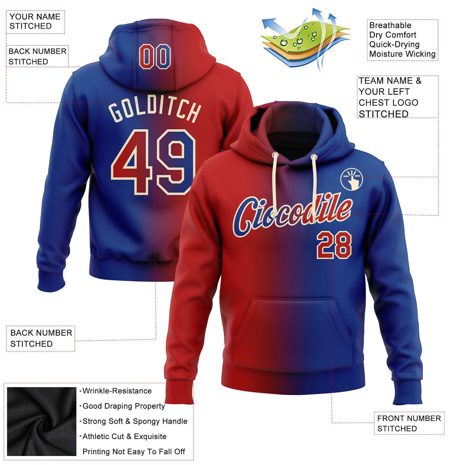 Custom Gradient Fashion Royal Red-Cream Sports Pullover Sweatshirt Hoodie