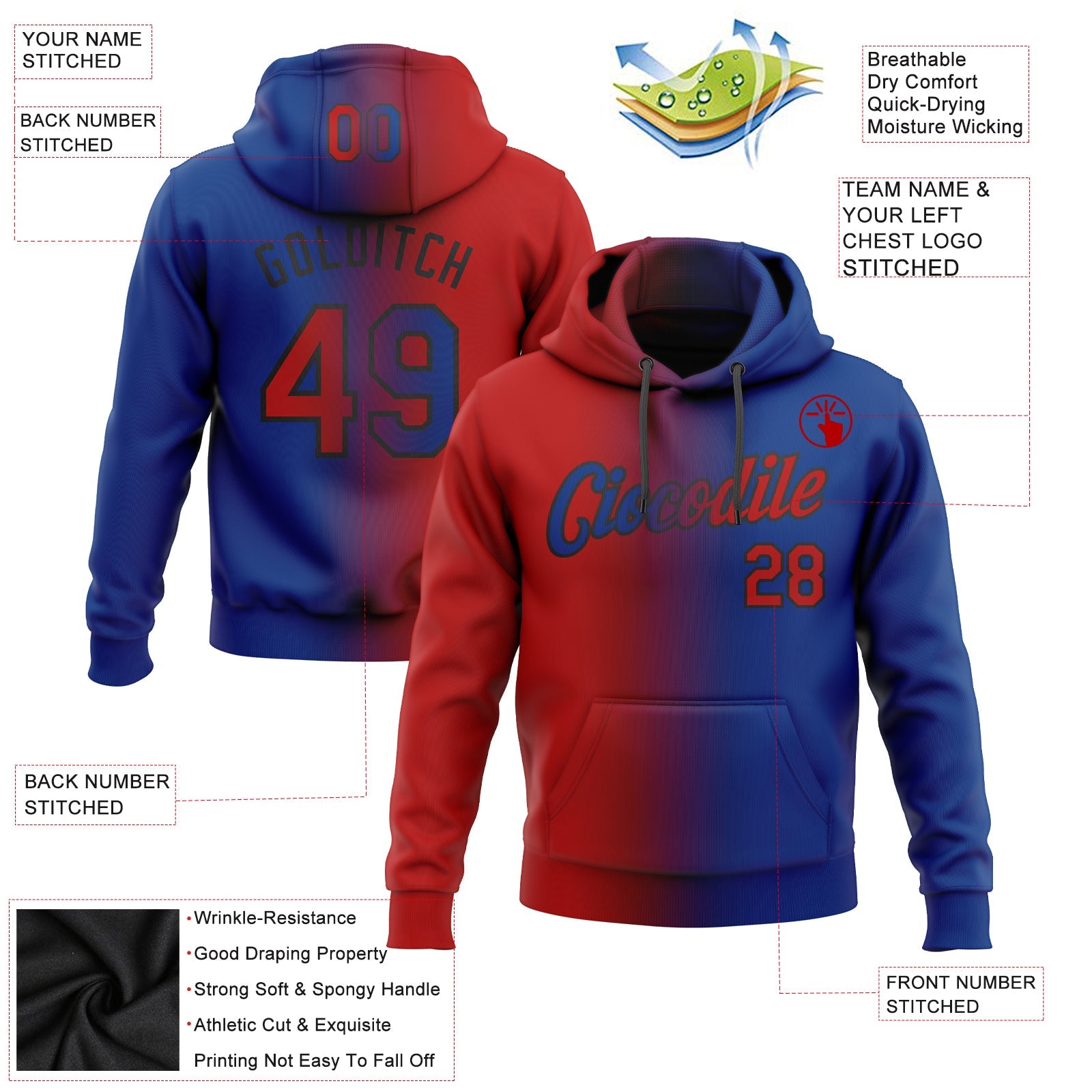 Custom Gradient Fashion Royal Red-Black Sports Pullover Sweatshirt Hoodie