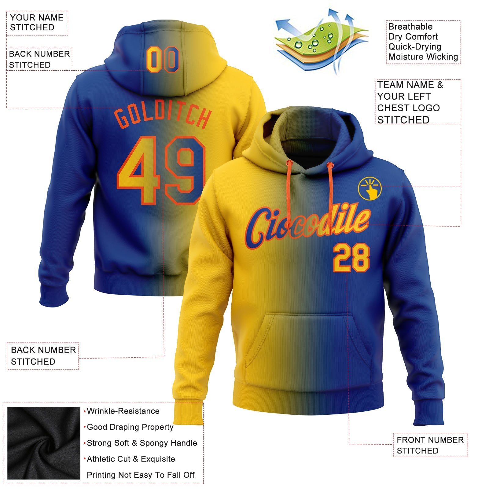 Custom Gradient Fashion Royal Yellow-Orange Sports Pullover Sweatshirt Hoodie