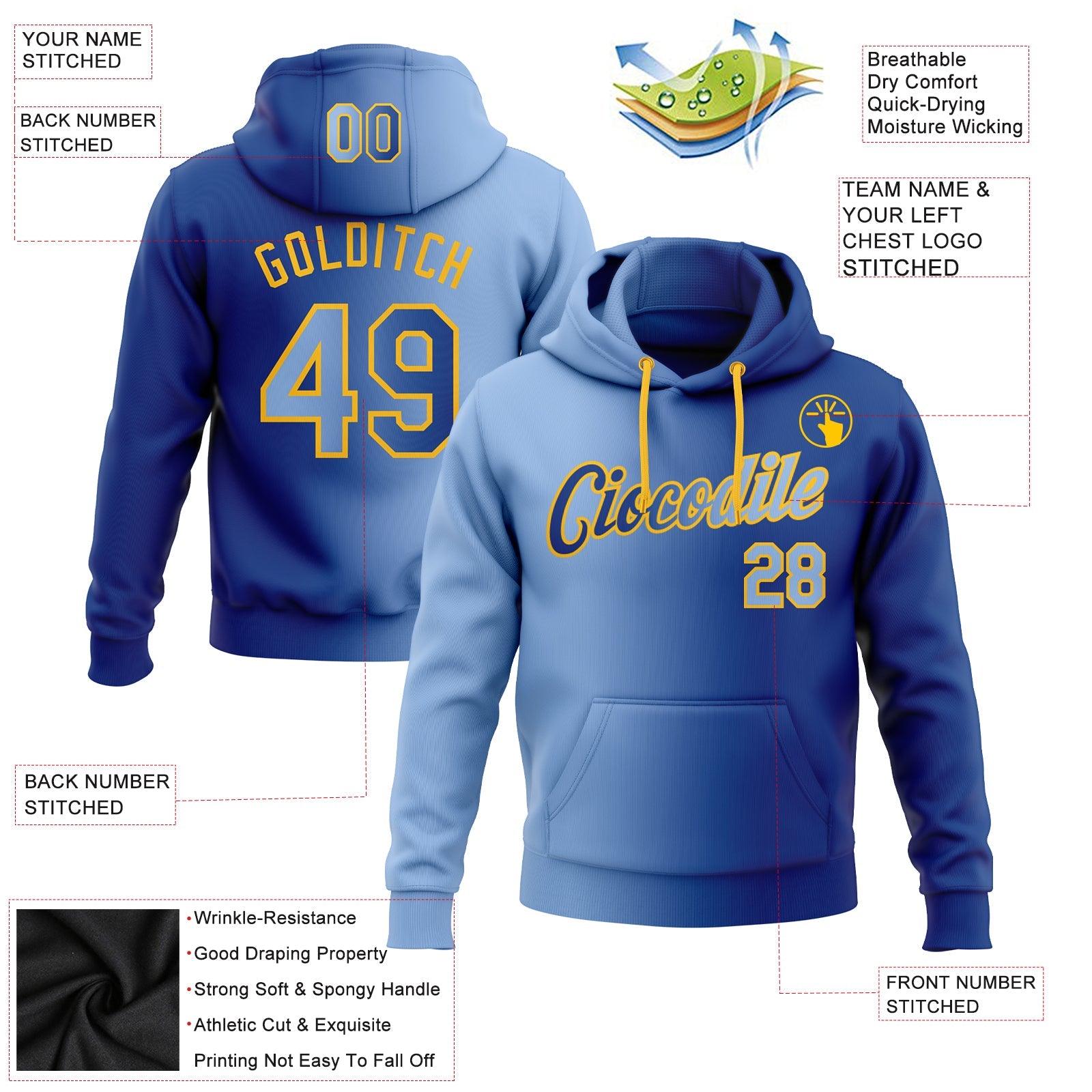 Custom Gradient Fashion Royal Light Blue-Gold Sports Pullover Sweatshirt Hoodie