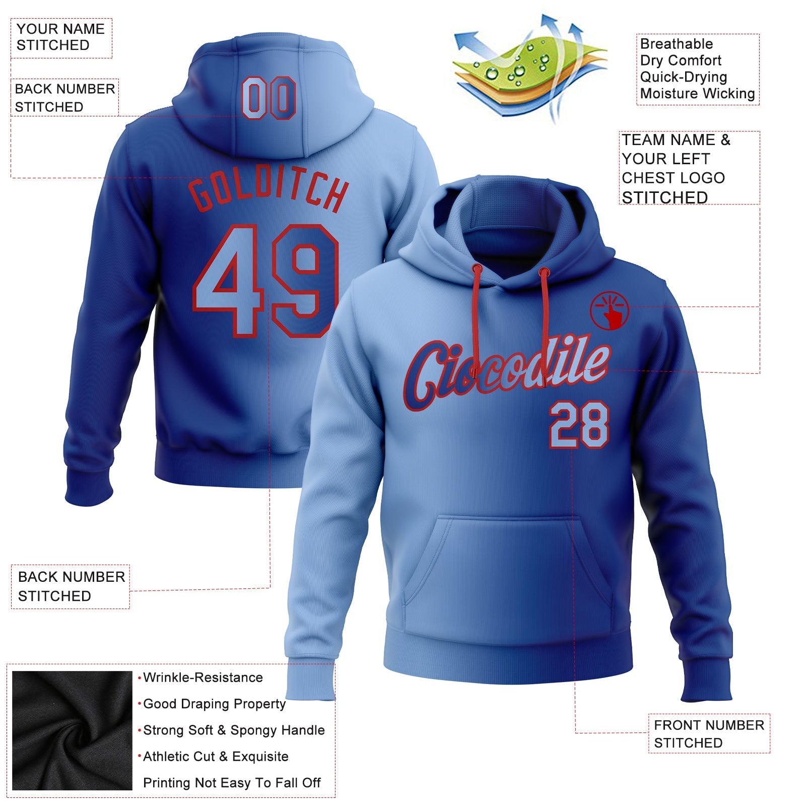 Custom Gradient Fashion Royal Light Blue-Red Sports Pullover Sweatshirt Hoodie