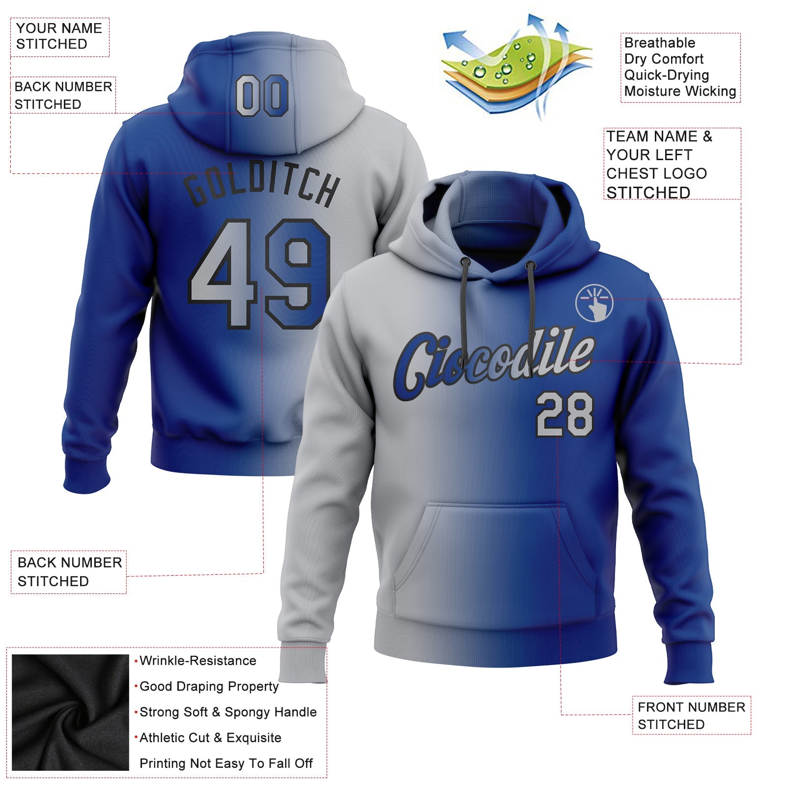 Custom Gradient Fashion Royal Gray-Black Sports Pullover Sweatshirt Hoodie