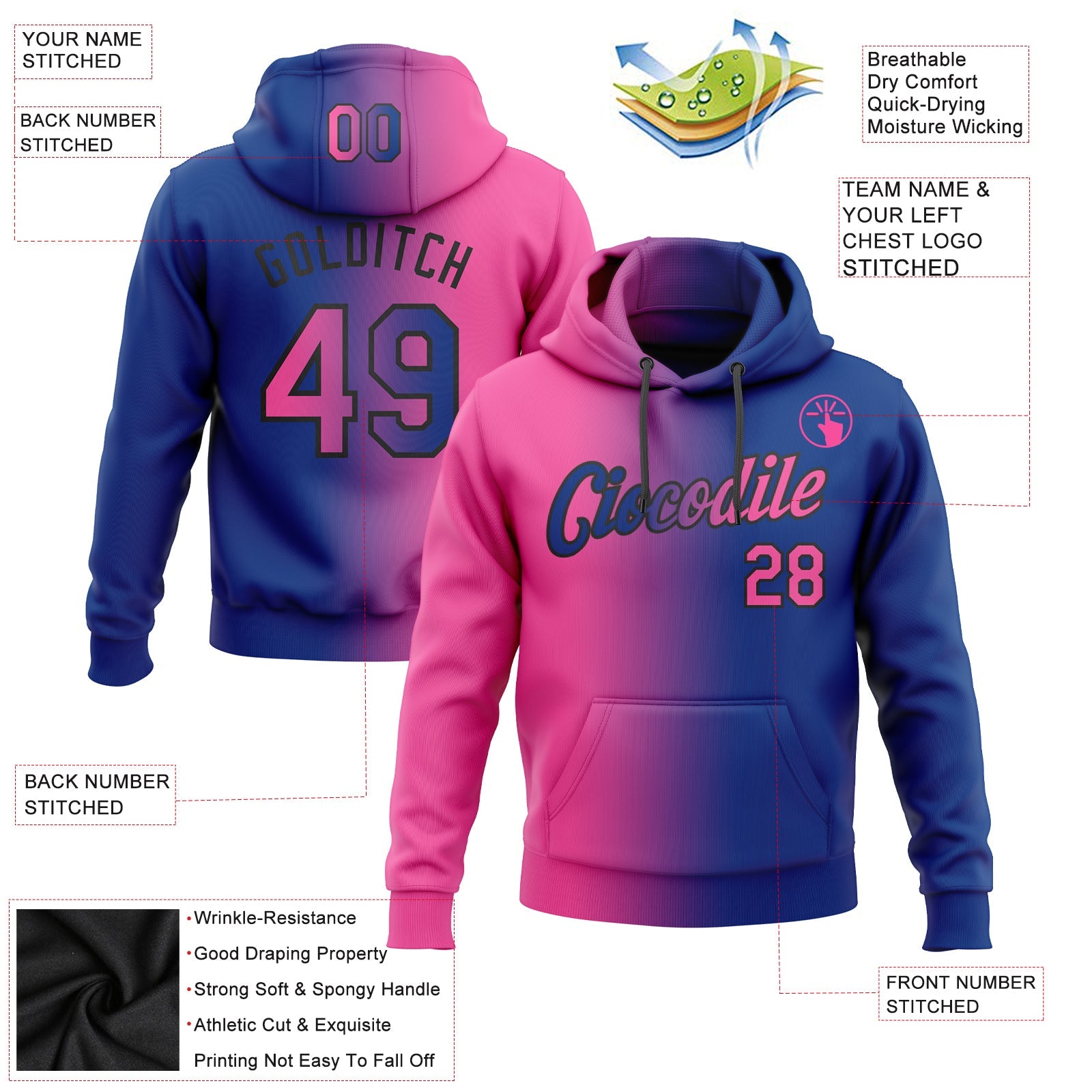 Custom Gradient Fashion Royal Pink-Black Sports Pullover Sweatshirt Hoodie
