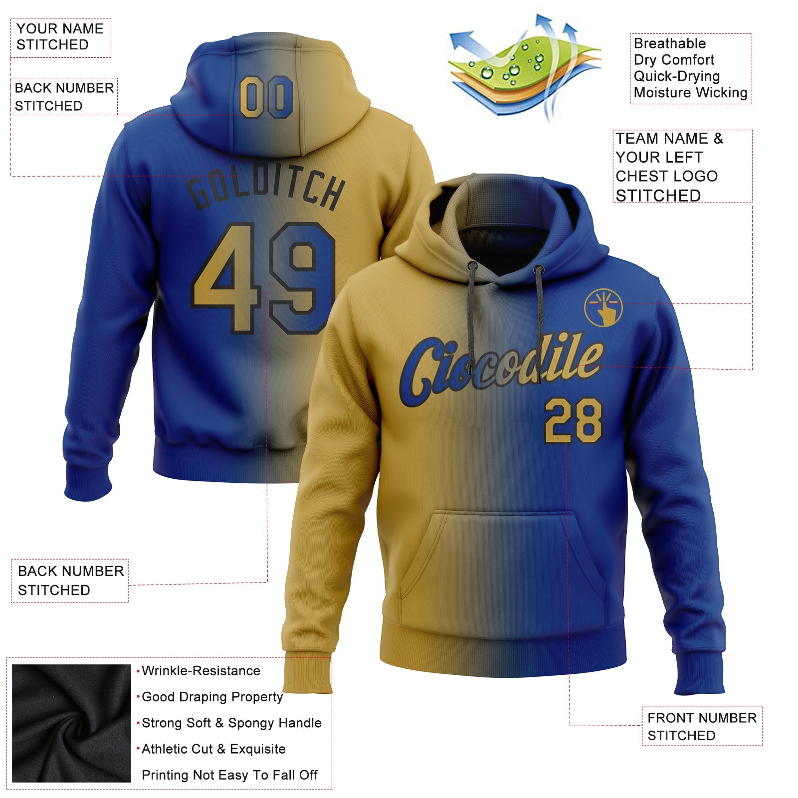 Custom Gradient Fashion Royal Old Gold-Black Sports Pullover Sweatshirt Hoodie