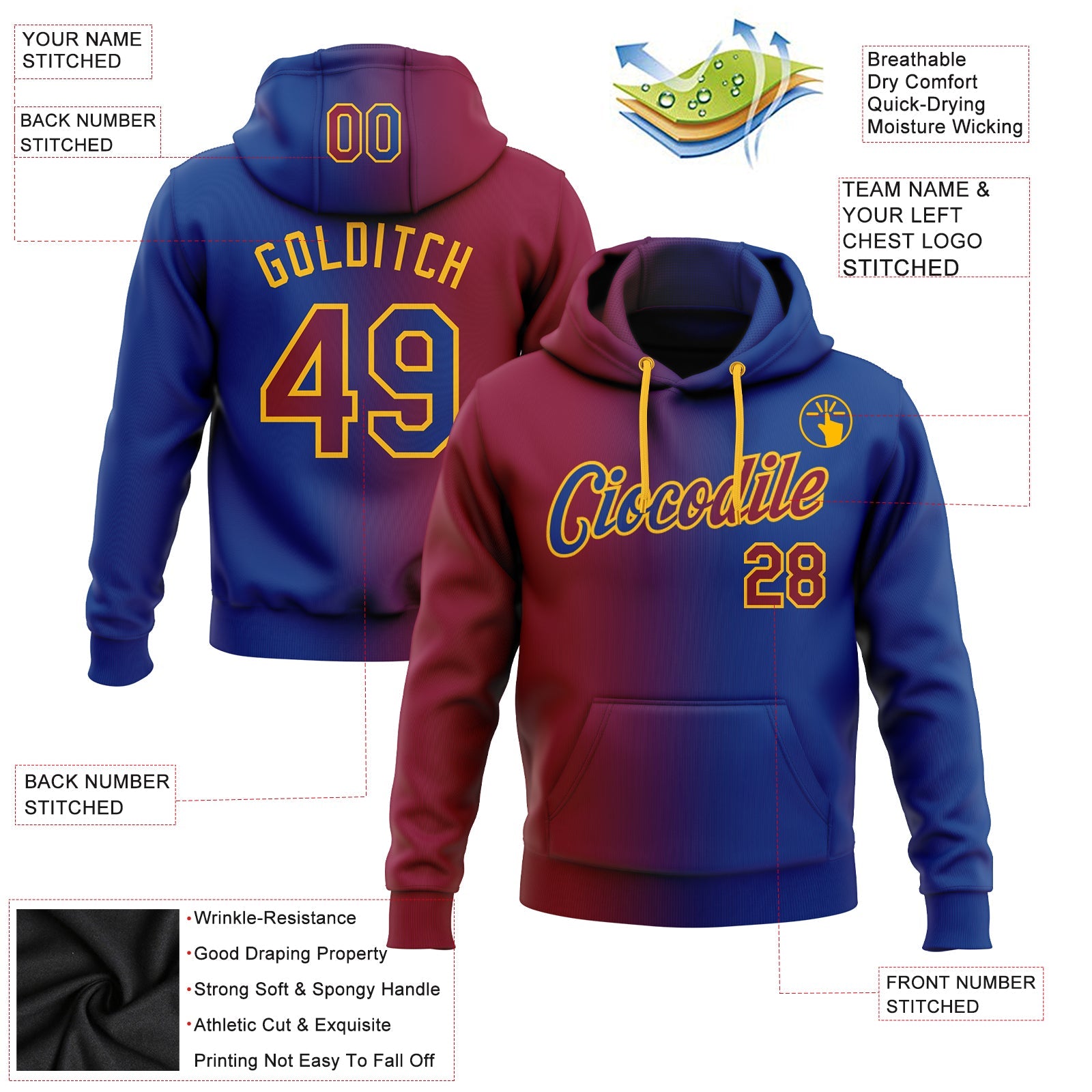 Custom Gradient Fashion Royal Maroon-Gold Sports Pullover Sweatshirt Hoodie