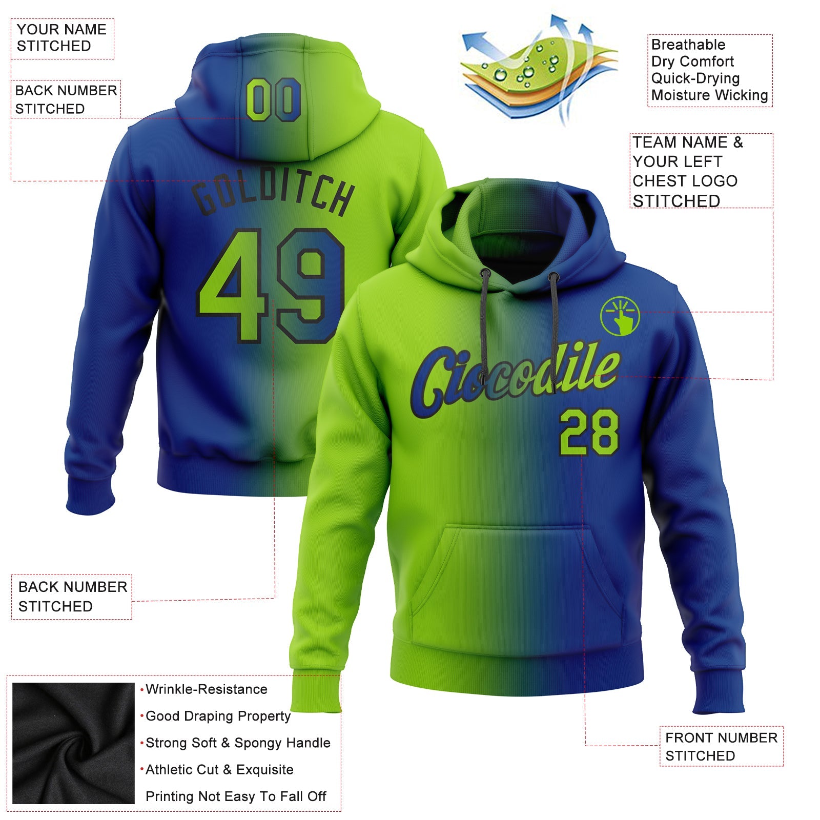 Custom Gradient Fashion Royal Neon Green-Black Sports Pullover Sweatshirt Hoodie