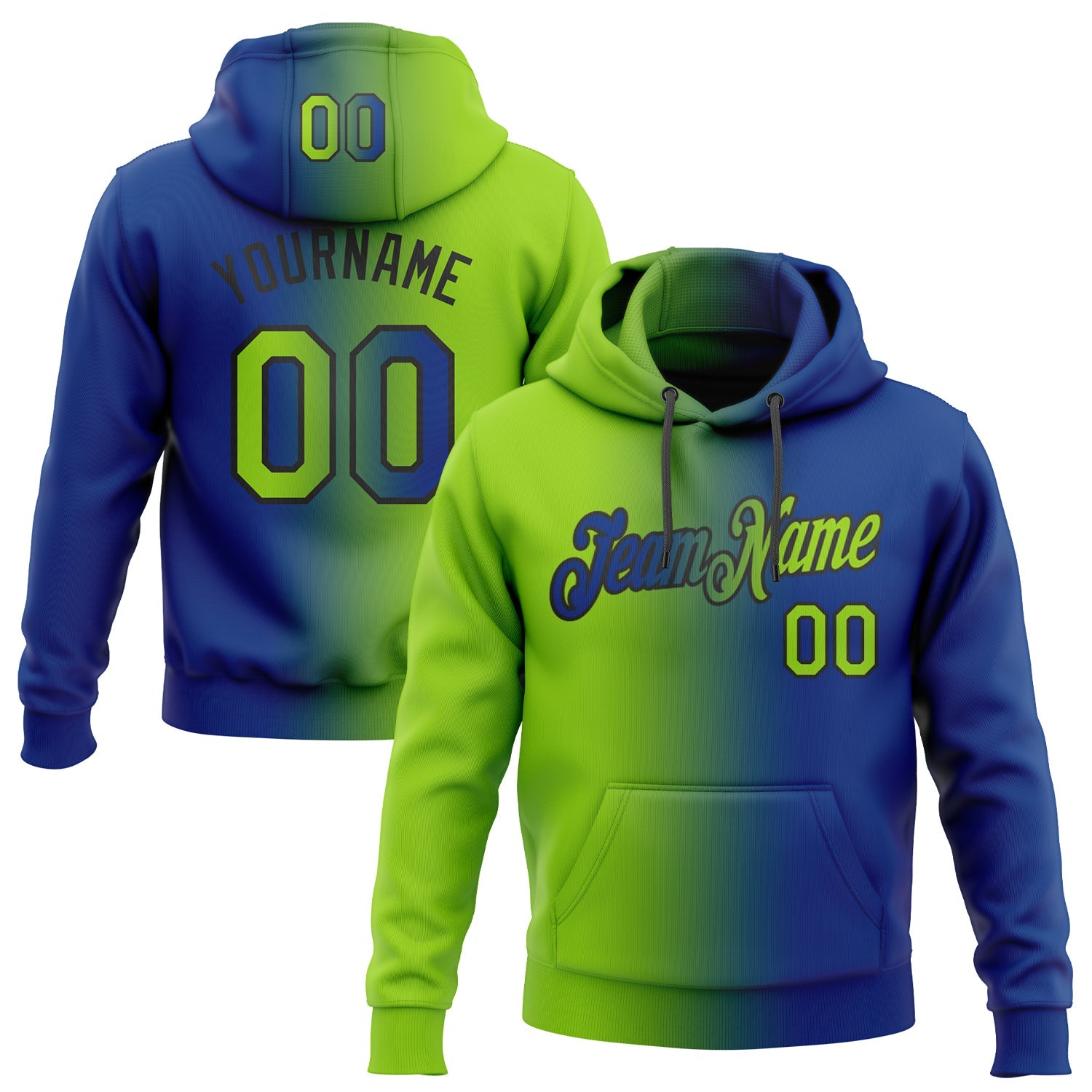 Custom Gradient Fashion Royal Neon Green-Black Sports Pullover Sweatshirt Hoodie