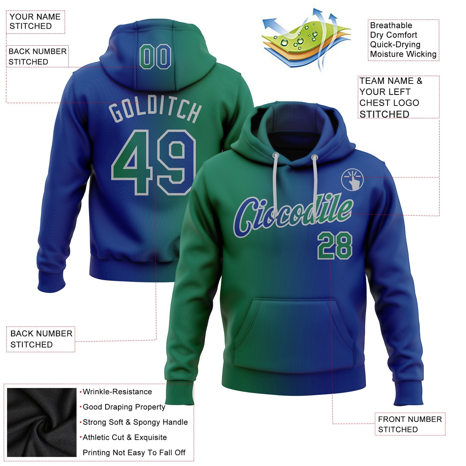 Custom Gradient Fashion Royal Kelly Green-Gray Sports Pullover Sweatshirt Hoodie