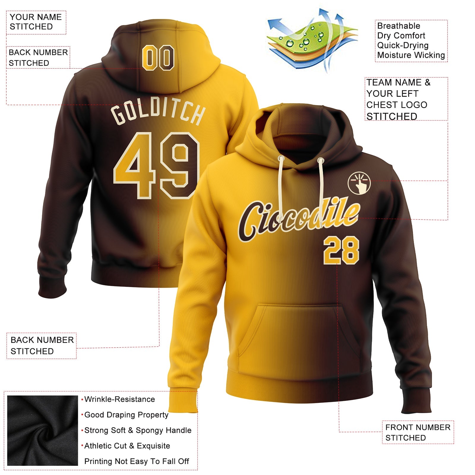 Custom Gradient Fashion Brown Gold-Cream Sports Pullover Sweatshirt Hoodie