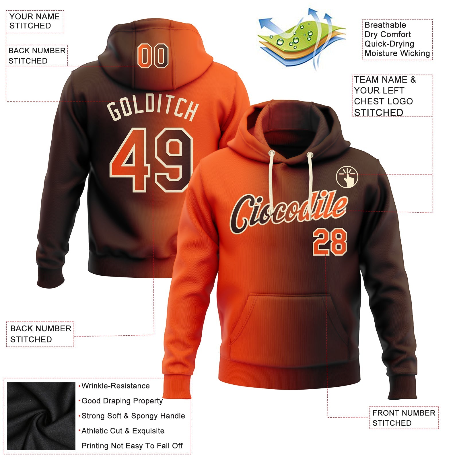 Custom Gradient Fashion Brown Orange-Cream Sports Pullover Sweatshirt Hoodie
