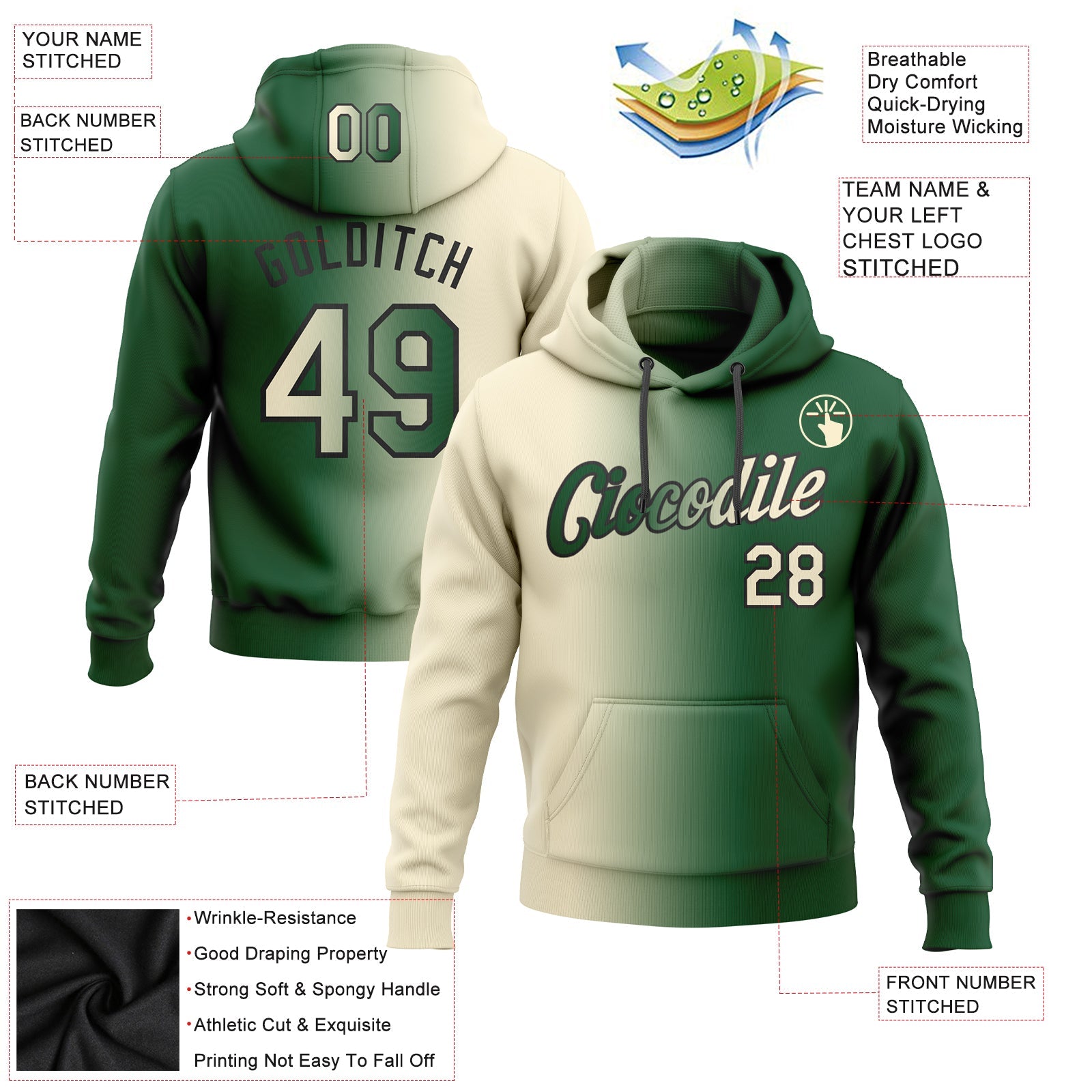 Custom Gradient Fashion Green Cream-Black Sports Pullover Sweatshirt Hoodie
