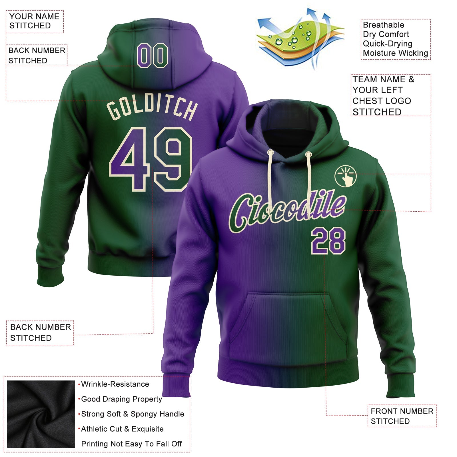 Custom Gradient Fashion Green Purple-Cream Sports Pullover Sweatshirt Hoodie