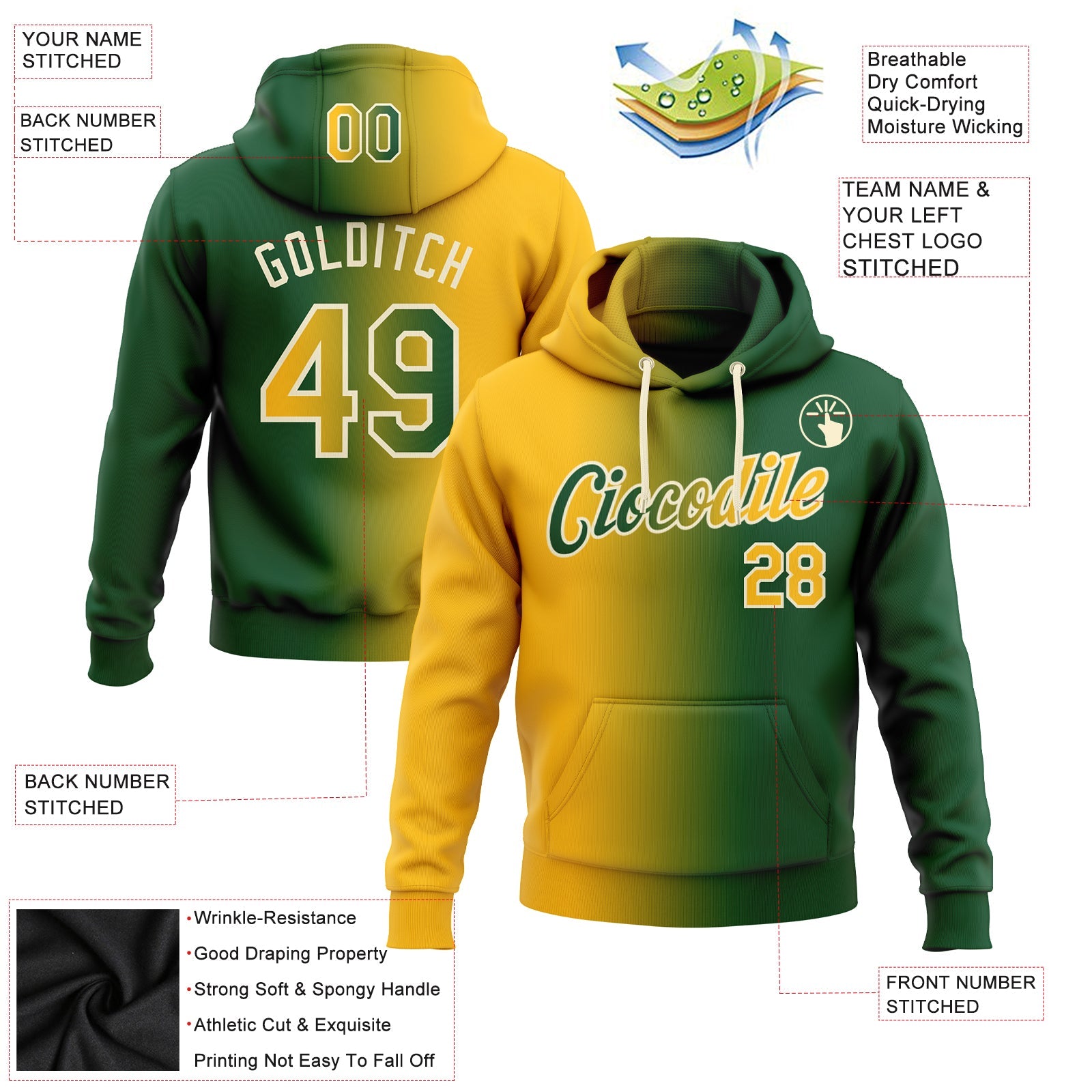 Custom Gradient Fashion Green Gold-Cream Sports Pullover Sweatshirt Hoodie
