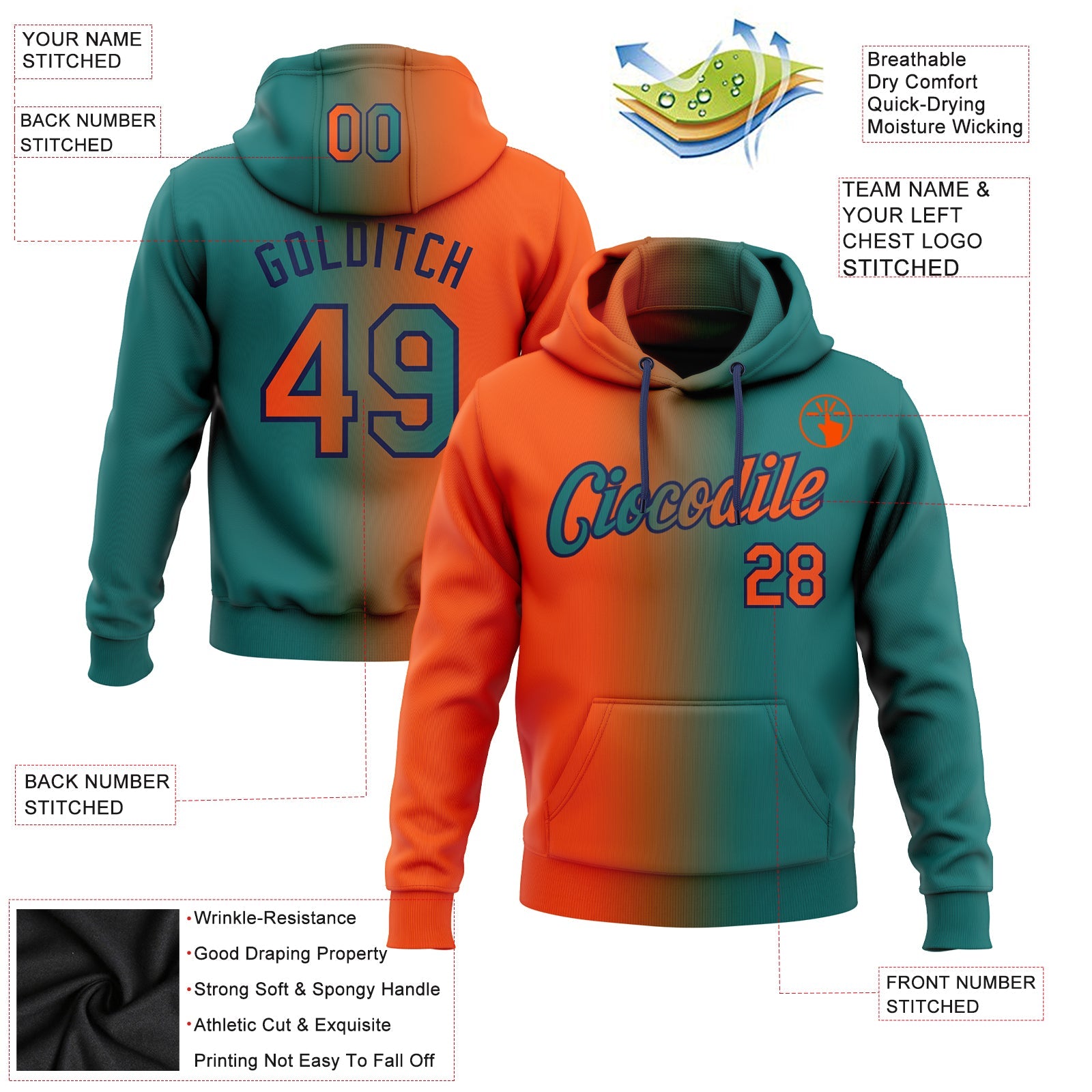 Custom Gradient Fashion Teal Orange-Navy Sports Pullover Sweatshirt Hoodie