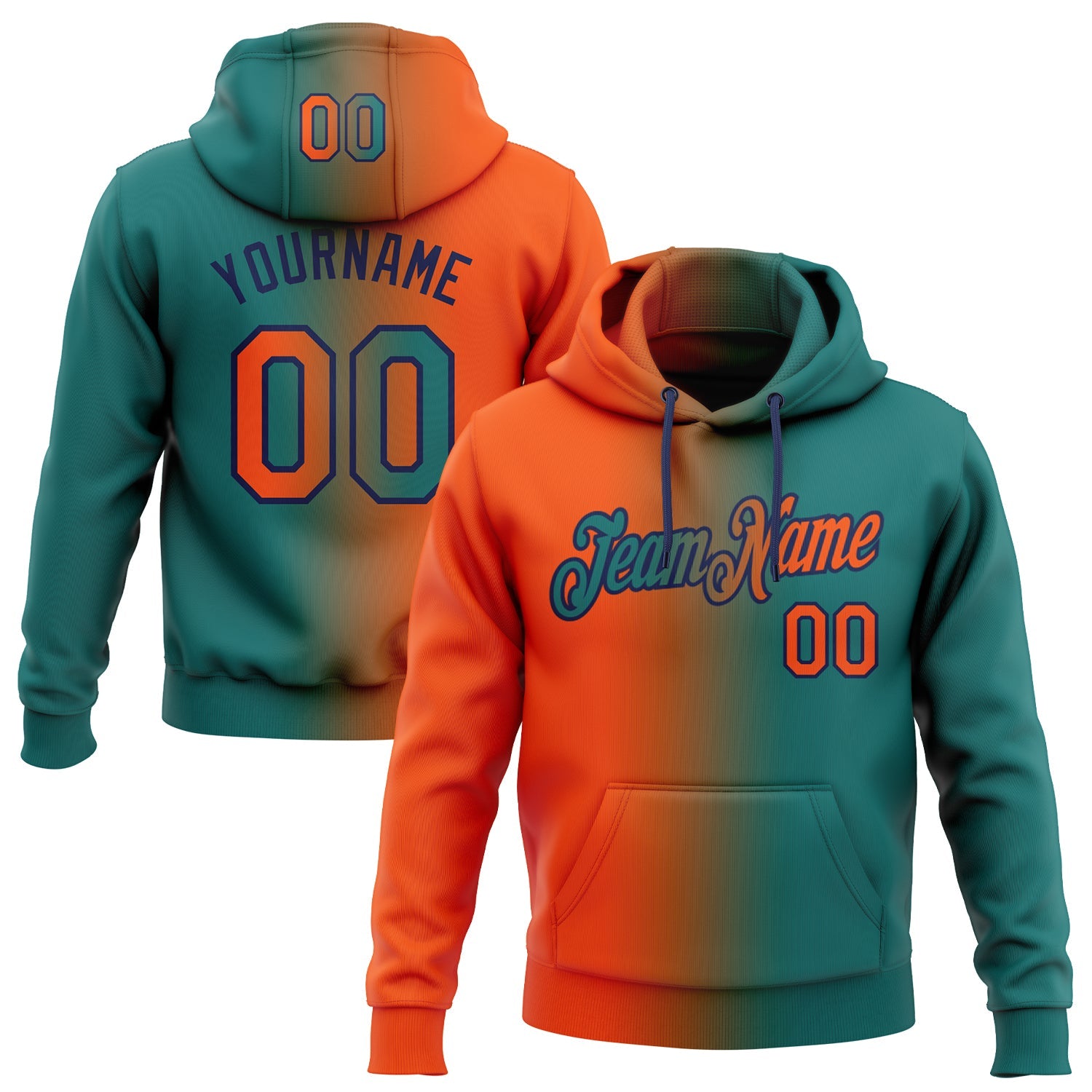 Custom Gradient Fashion Teal Orange-Navy Sports Pullover Sweatshirt Hoodie