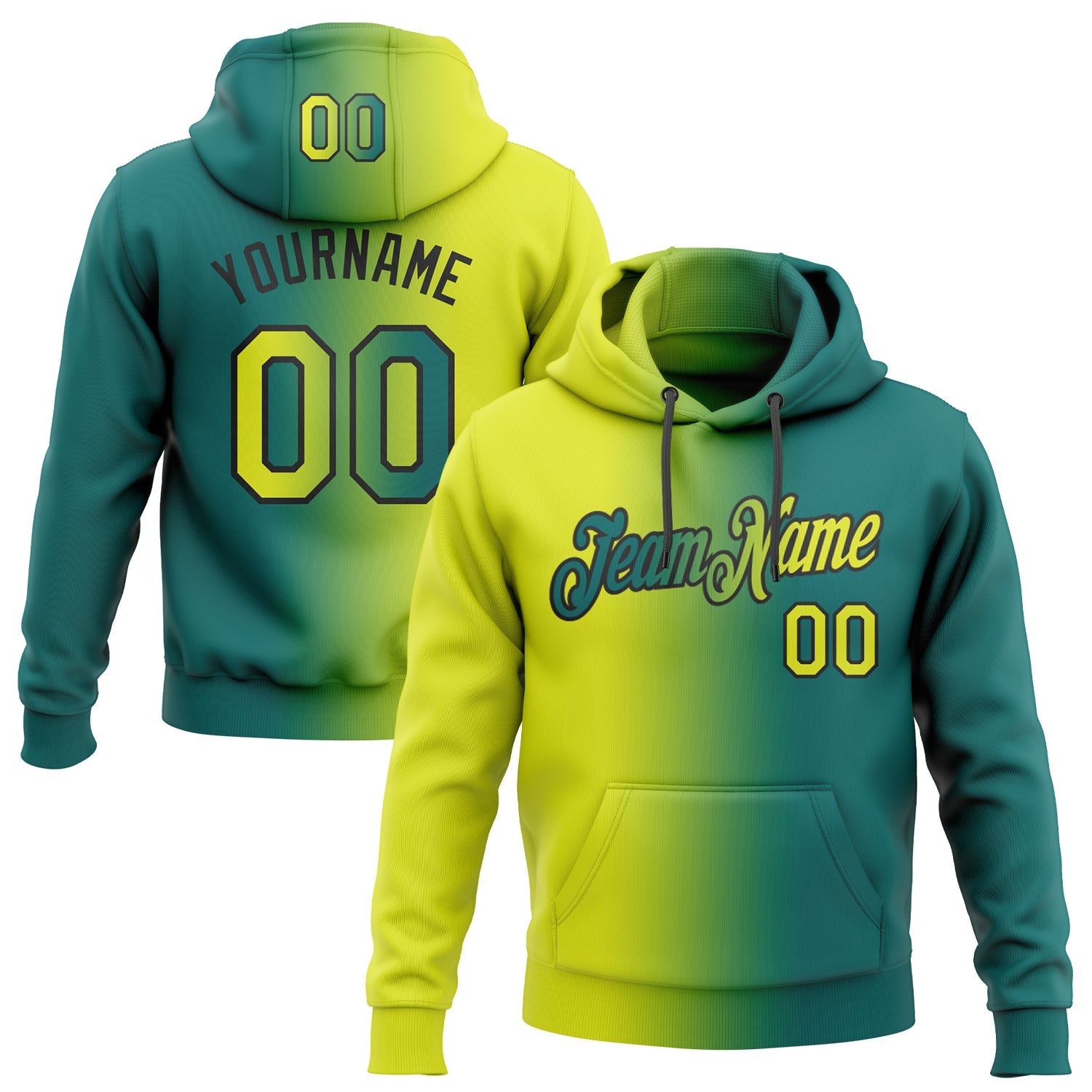 Custom Gradient Fashion Teal Neon Yellow-Black Sports Pullover Sweatshirt Hoodie