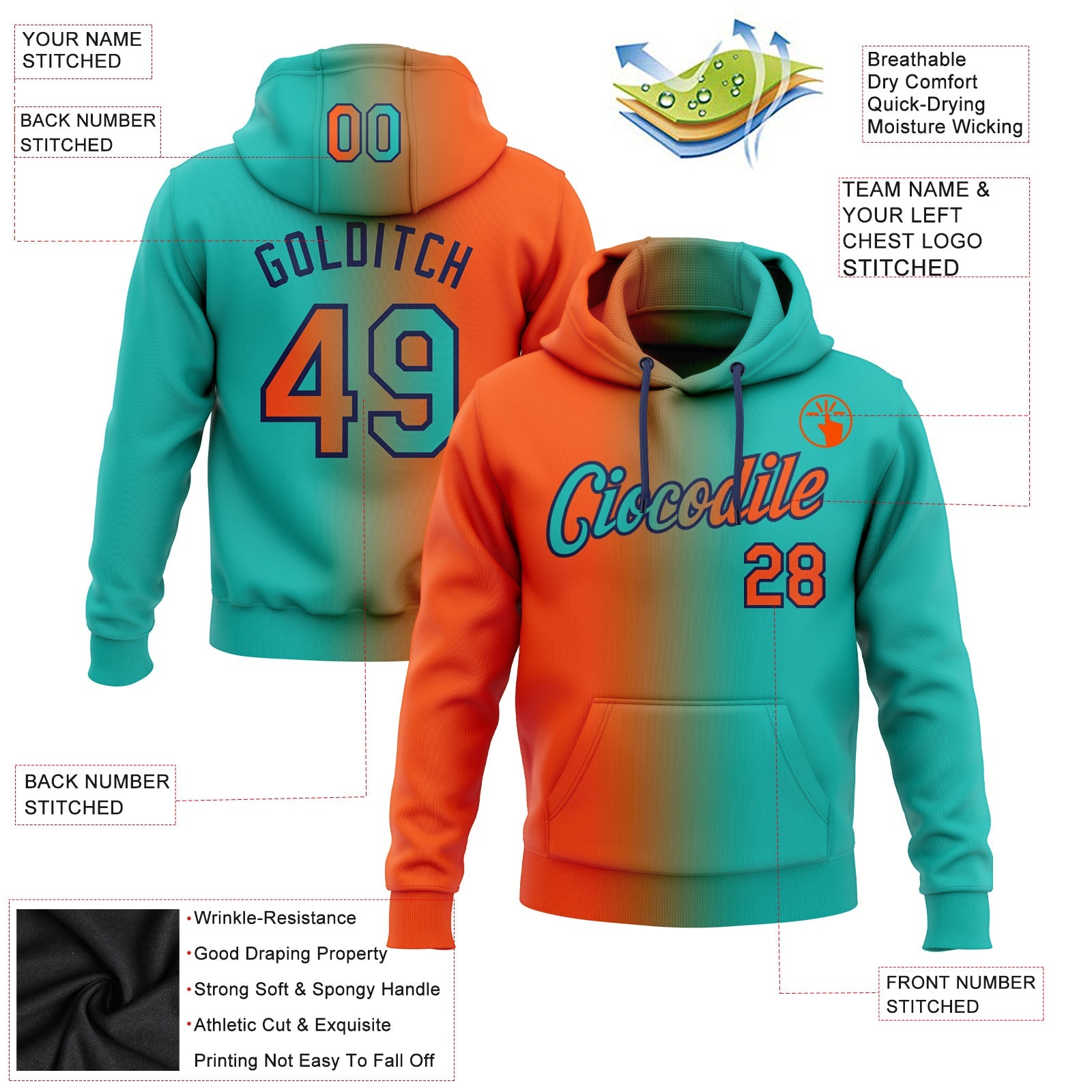 Custom Gradient Fashion Aqua Orange-Navy Sports Pullover Sweatshirt Hoodie