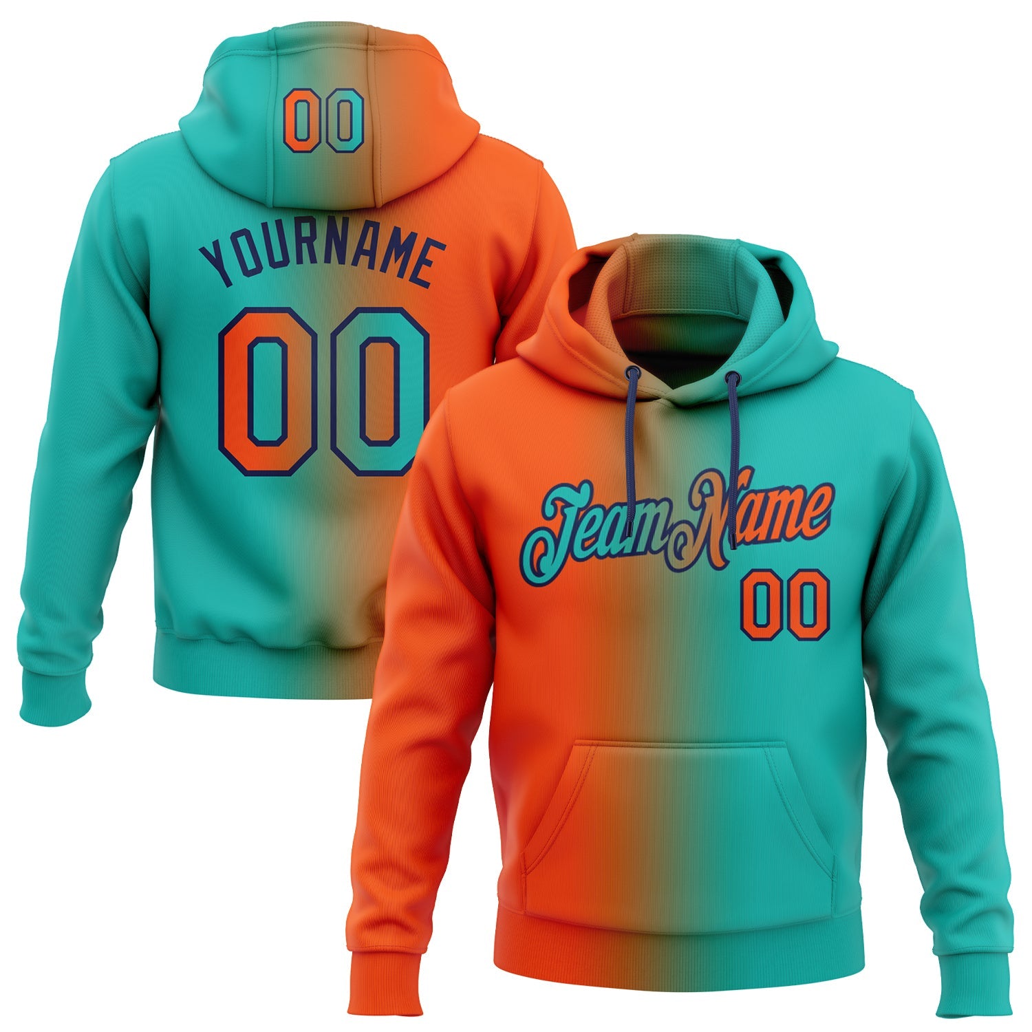 Custom Gradient Fashion Aqua Orange-Navy Sports Pullover Sweatshirt Hoodie