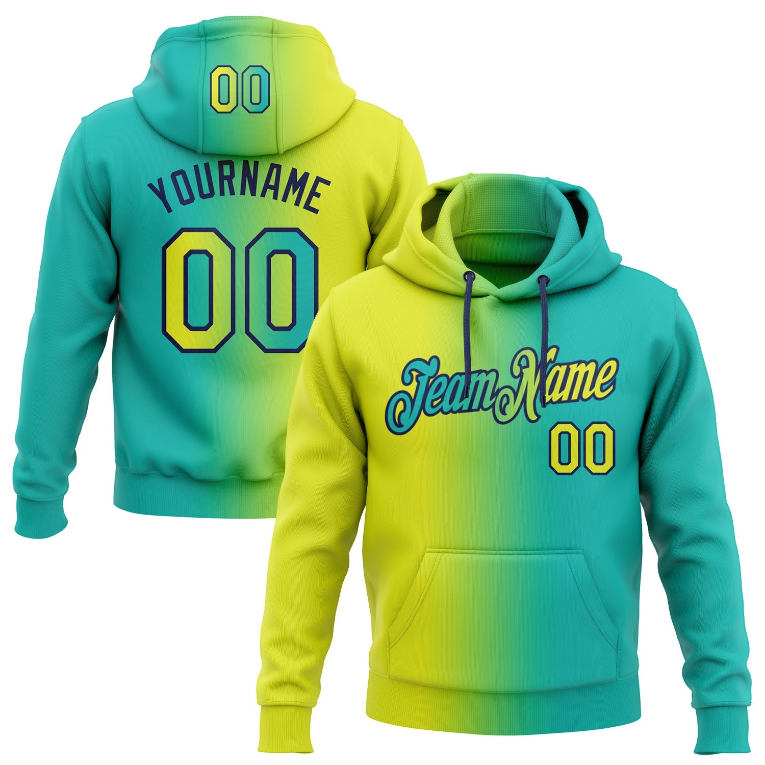 Custom Gradient Fashion Aqua Neon Yellow-Navy Sports Pullover Sweatshirt Hoodie