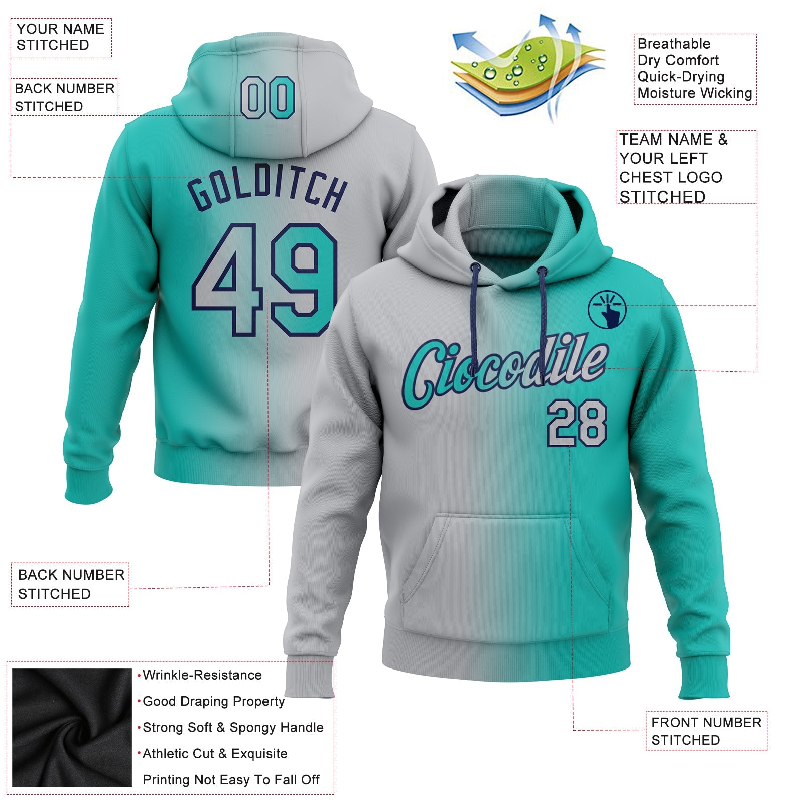 Custom Gradient Fashion Aqua Gray-Navy Sports Pullover Sweatshirt Hoodie