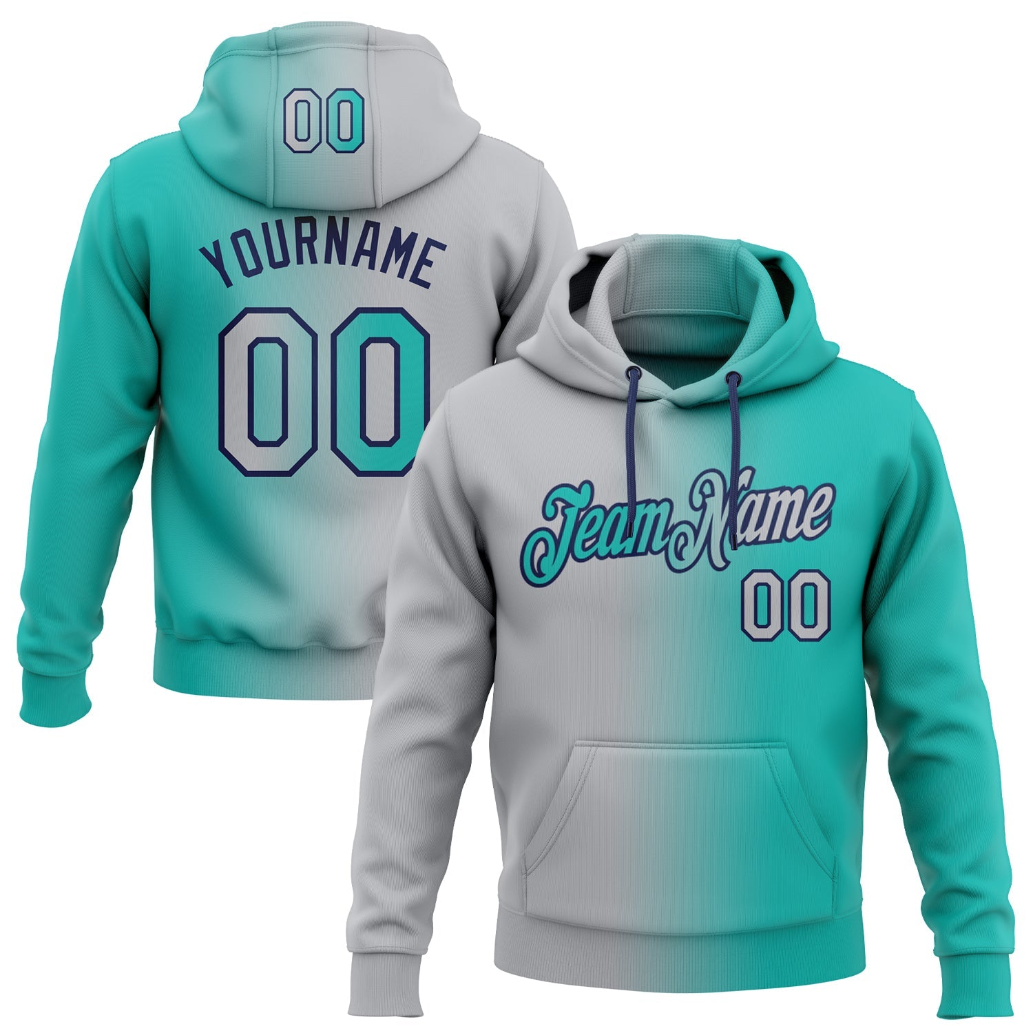 Custom Gradient Fashion Aqua Gray-Navy Sports Pullover Sweatshirt Hoodie