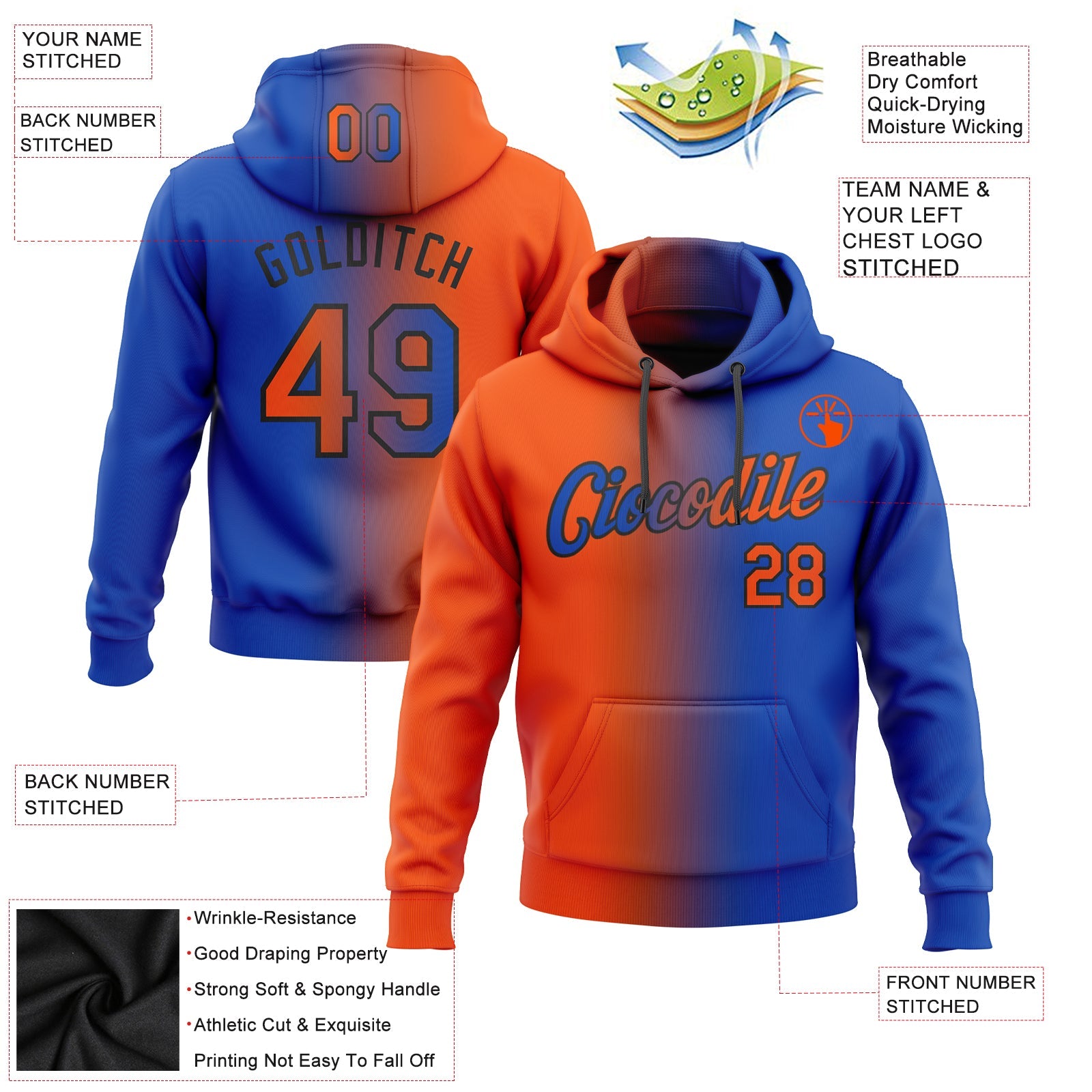 Custom Gradient Fashion Thunder Blue Orange-Black Sports Pullover Sweatshirt Hoodie