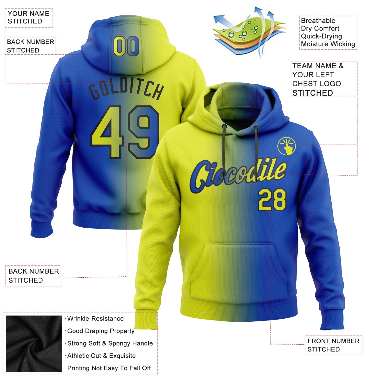 Custom Gradient Fashion Thunder Blue Neon Yellow-Black Sports Pullover Sweatshirt Hoodie