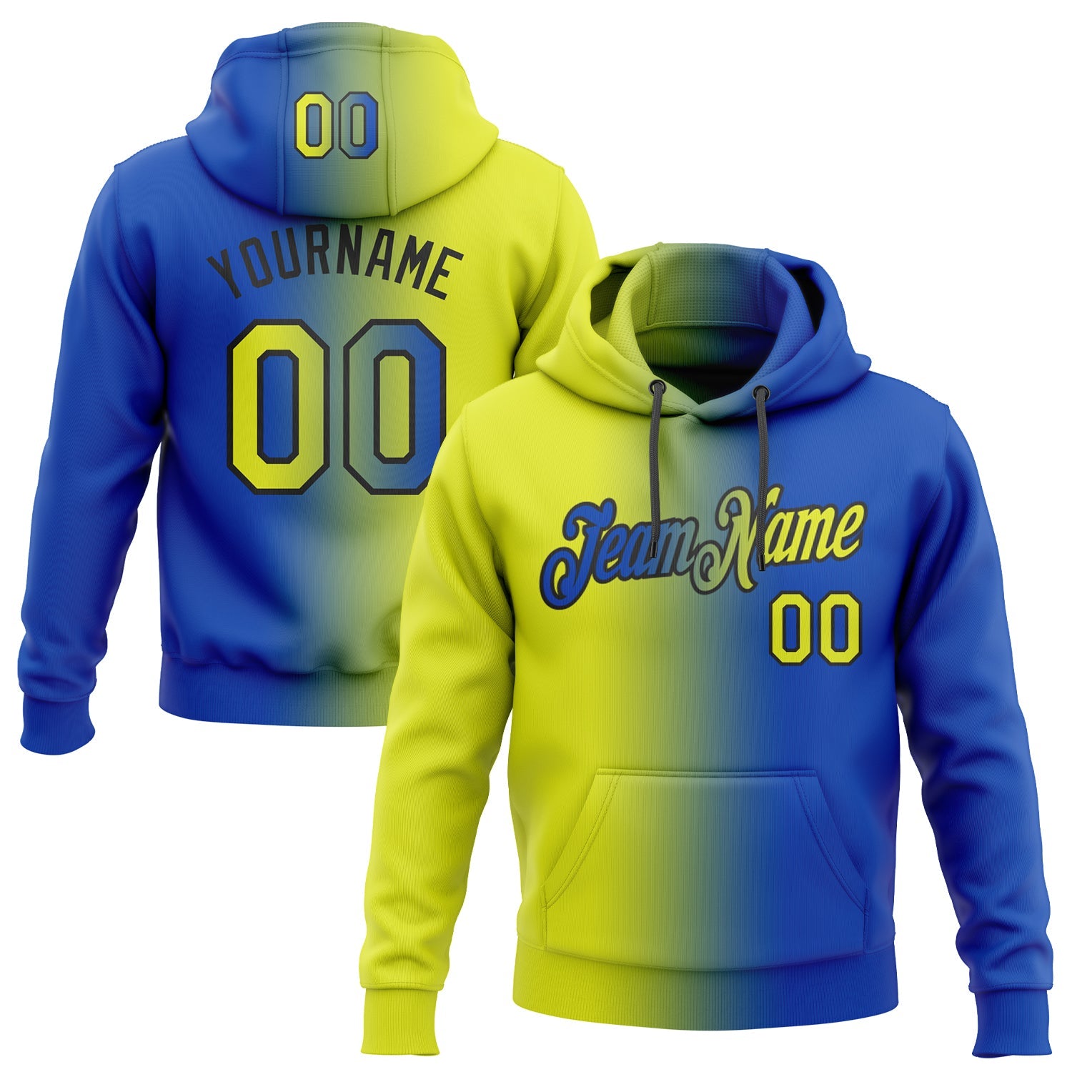 Custom Gradient Fashion Thunder Blue Neon Yellow-Black Sports Pullover Sweatshirt Hoodie