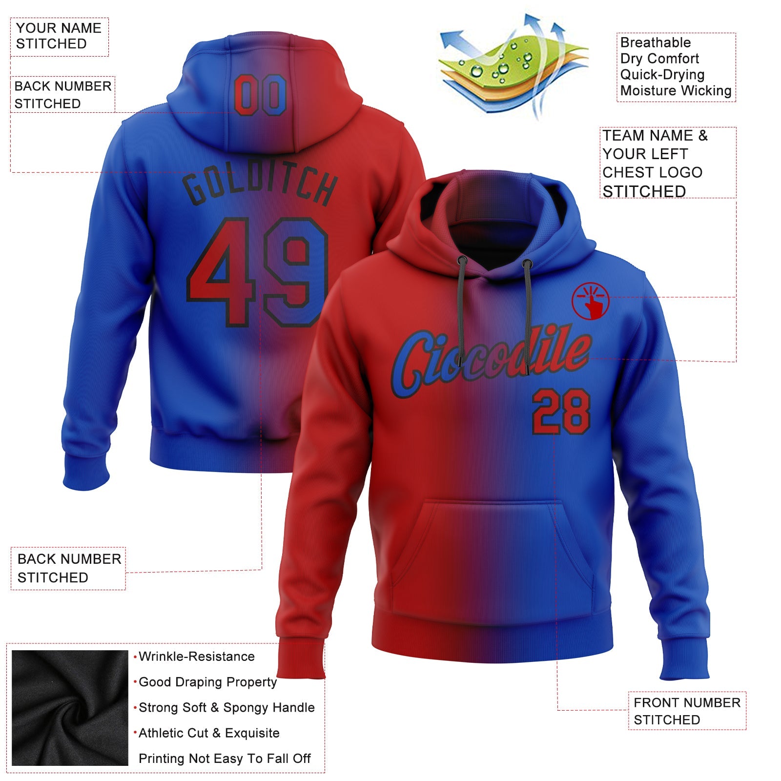 Custom Gradient Fashion Thunder Blue Red-Black Sports Pullover Sweatshirt Hoodie