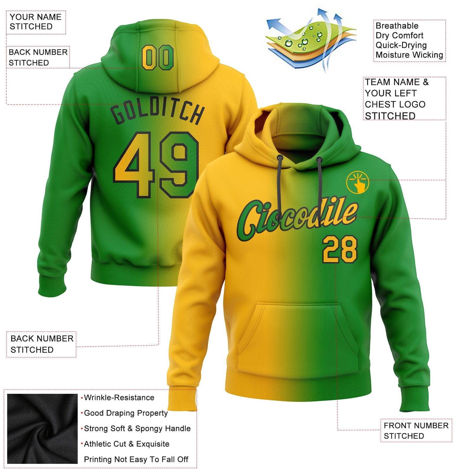 Custom Gradient Fashion Grass Green Gold-Black Sports Pullover Sweatshirt Hoodie