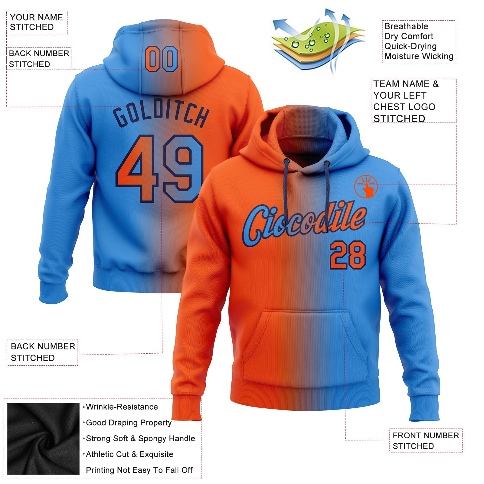 Custom Gradient Fashion Electric Blue Orange-Black Sports Pullover Sweatshirt Hoodie