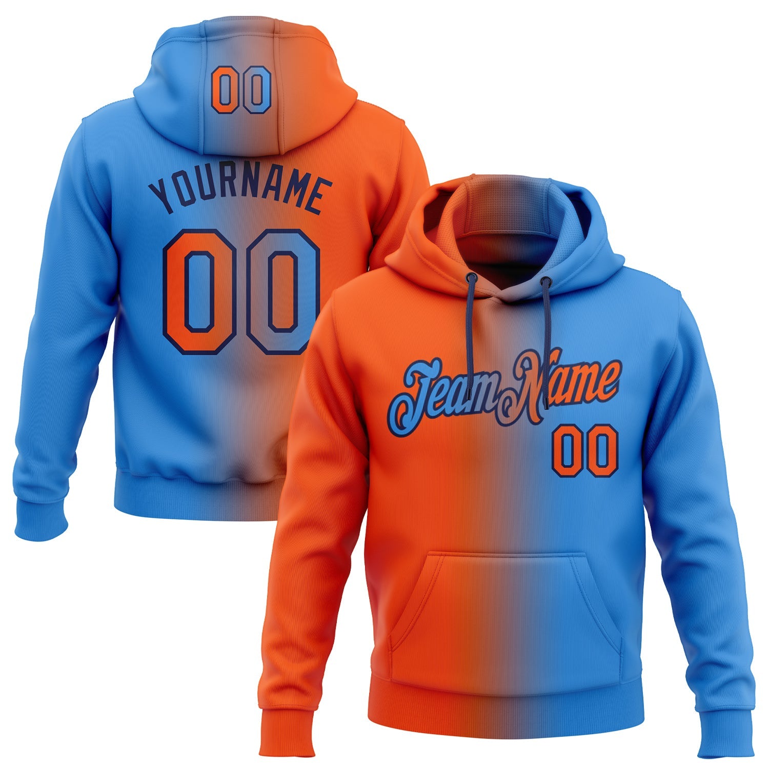 Custom Gradient Fashion Electric Blue Orange-Black Sports Pullover Sweatshirt Hoodie