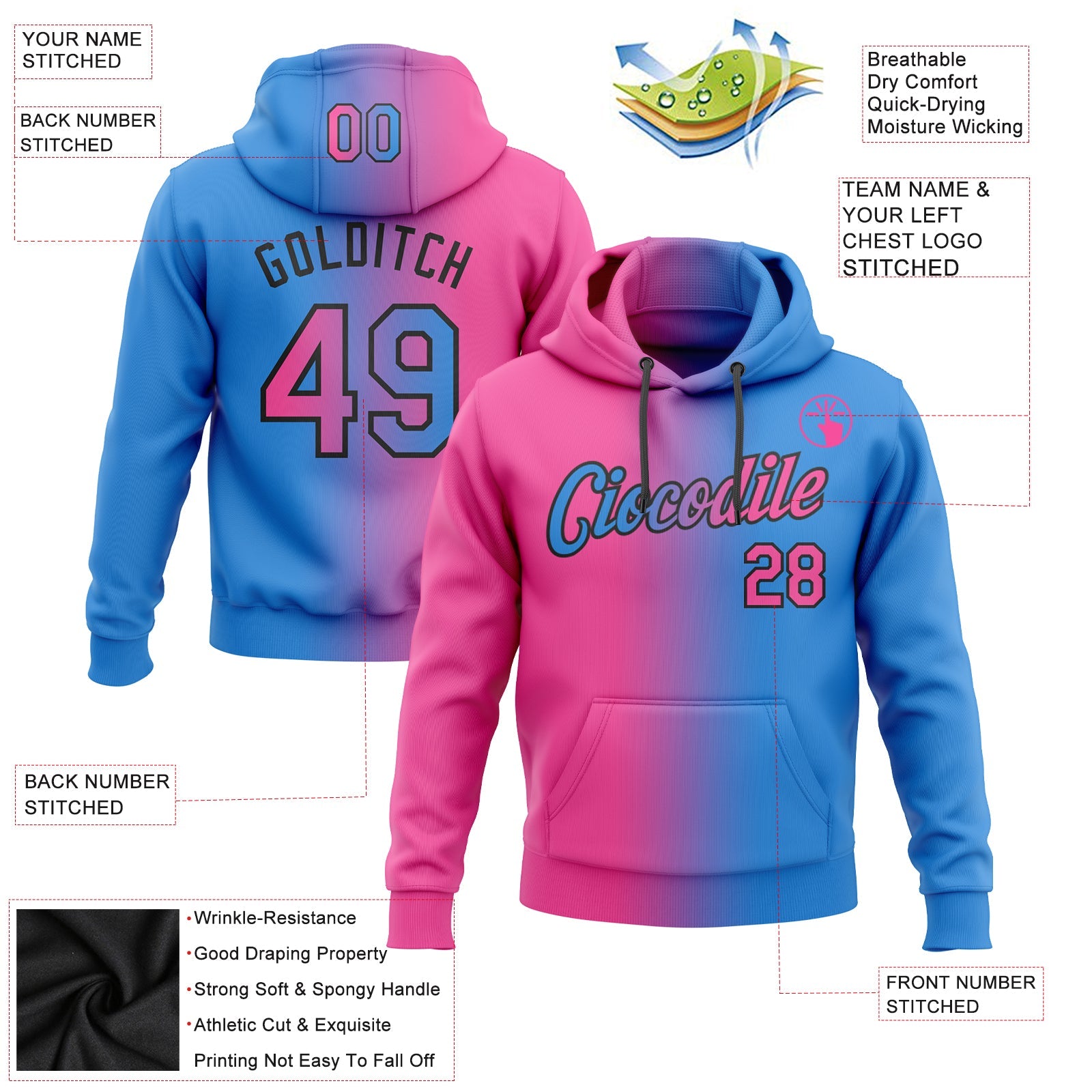 Custom Gradient Fashion Electric Blue Pink-Black Sports Pullover Sweatshirt Hoodie
